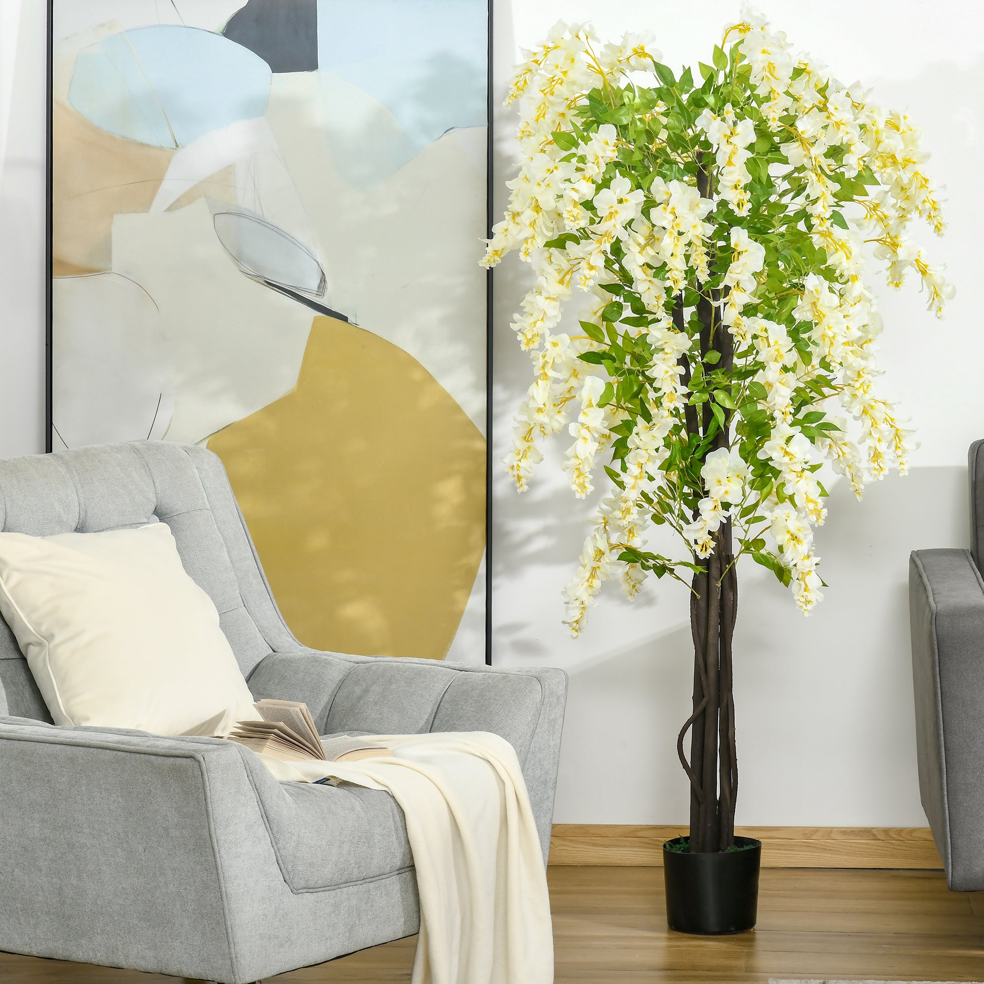 HOMCOM Artificial Plant White Wisteria Tree Faux Decorative Plant in Nursery Pot for Indoor Decor, 160cm