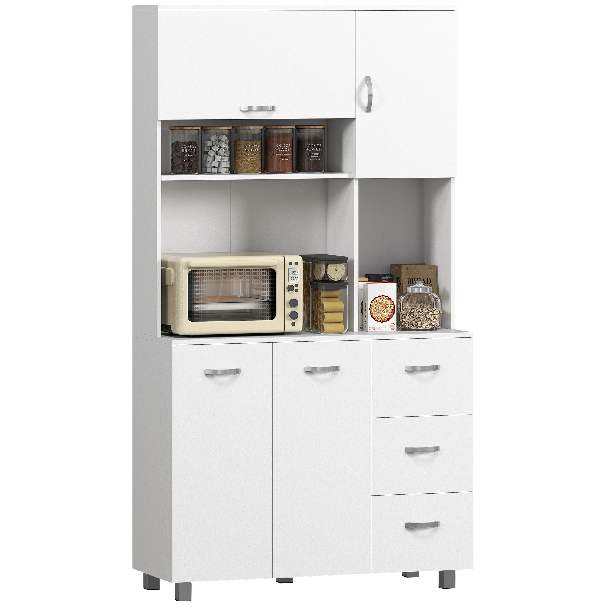 HOMCOM Freestanding Kitchen Cupboard, Storage Cabinet with Doors and Shelves, Drawers, Open Compartments for Microwave,White
