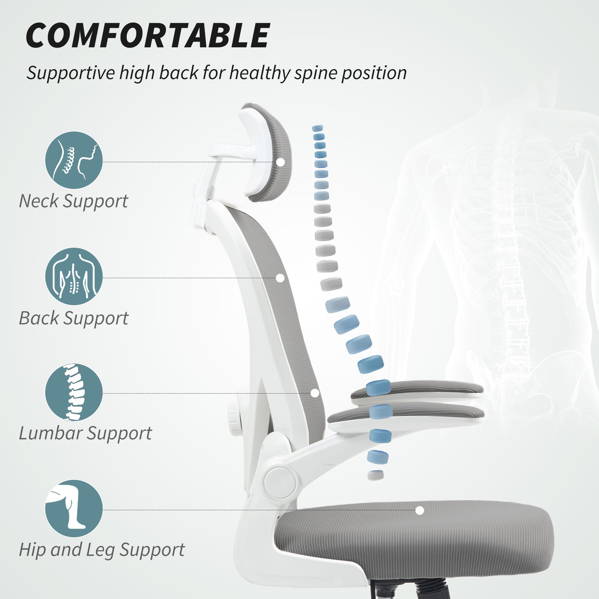 HOMCOM Executive Office Chair, Ergonomic Mesh High Back Desk Chair with Flip-up Armrest, Rotatable Headrest, Adjustable Lumbar Support, Swivel Computer Chair for Home Study, Grey - North Peak Garden Furniture
