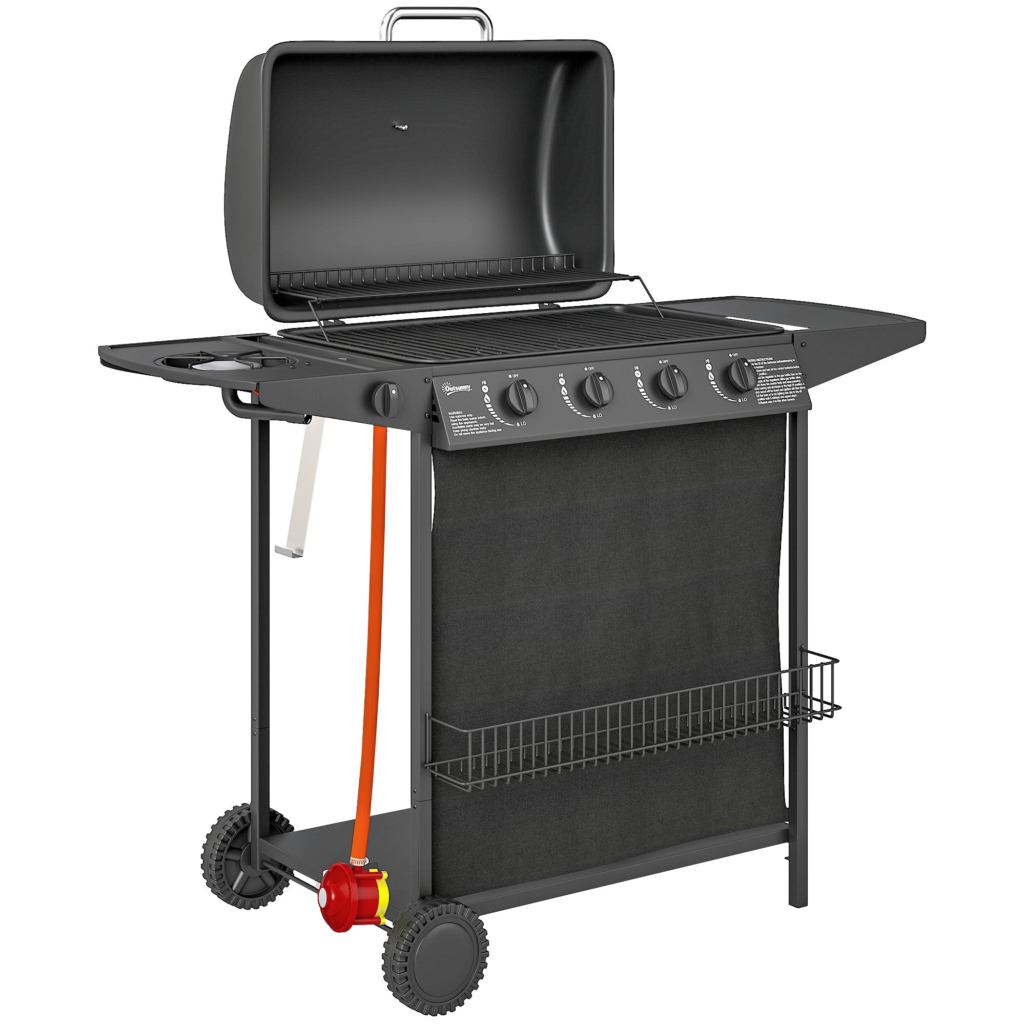 Outsunny 4+1 Burner Gas BBQ Grill, Portable Gas Barbecue Grill with Built-in Thermometer, Lid, Side Table, Shelf, Spice Rack, Wheels, Grease Cup for Garden Party Outdoor Cooking, Black - North Peak Garden Furniture