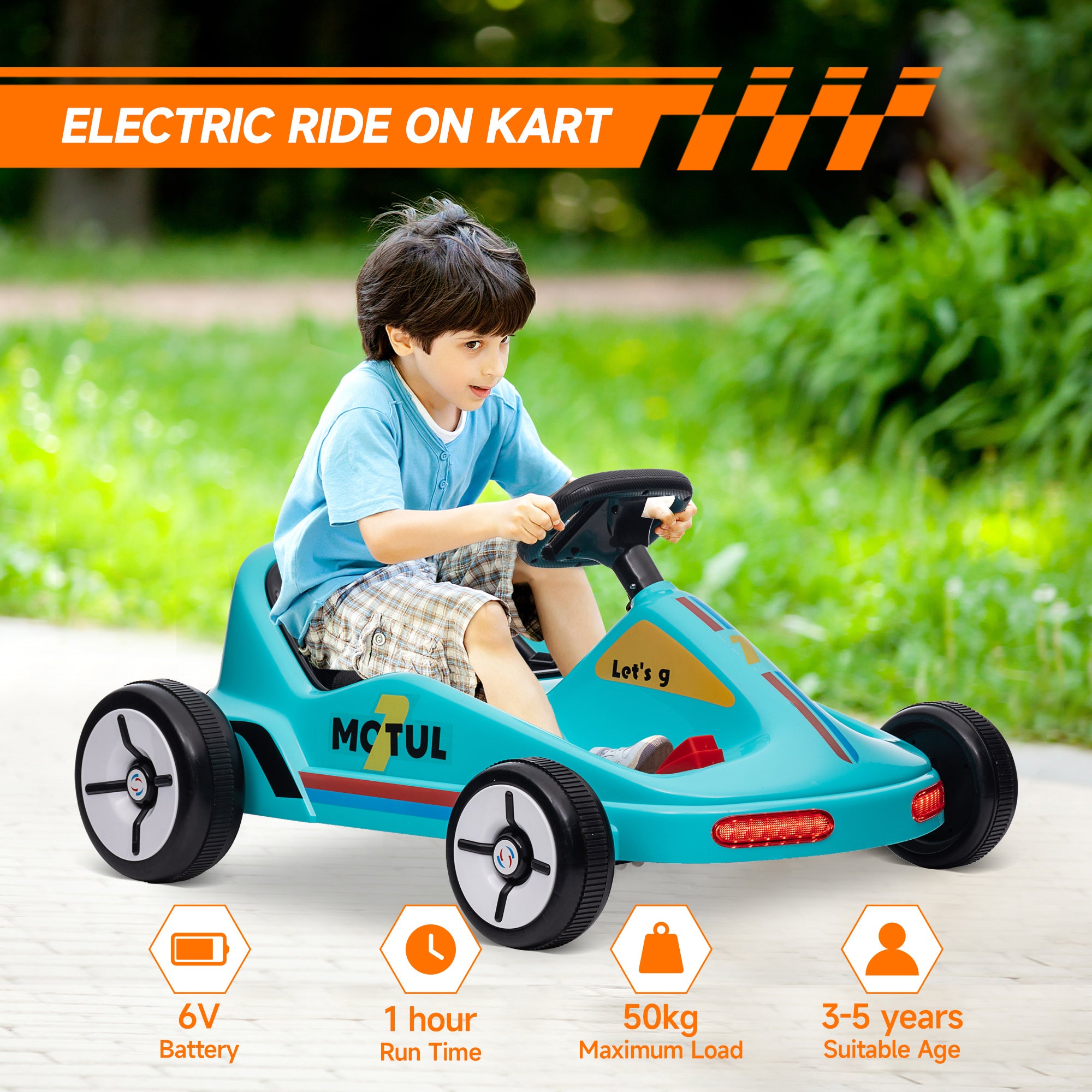 AIYAPLAY 6V Electric Go Kart for Kids with Music, Light, Horn, for 3-5 Years, Blue - North Peak Garden Furniture