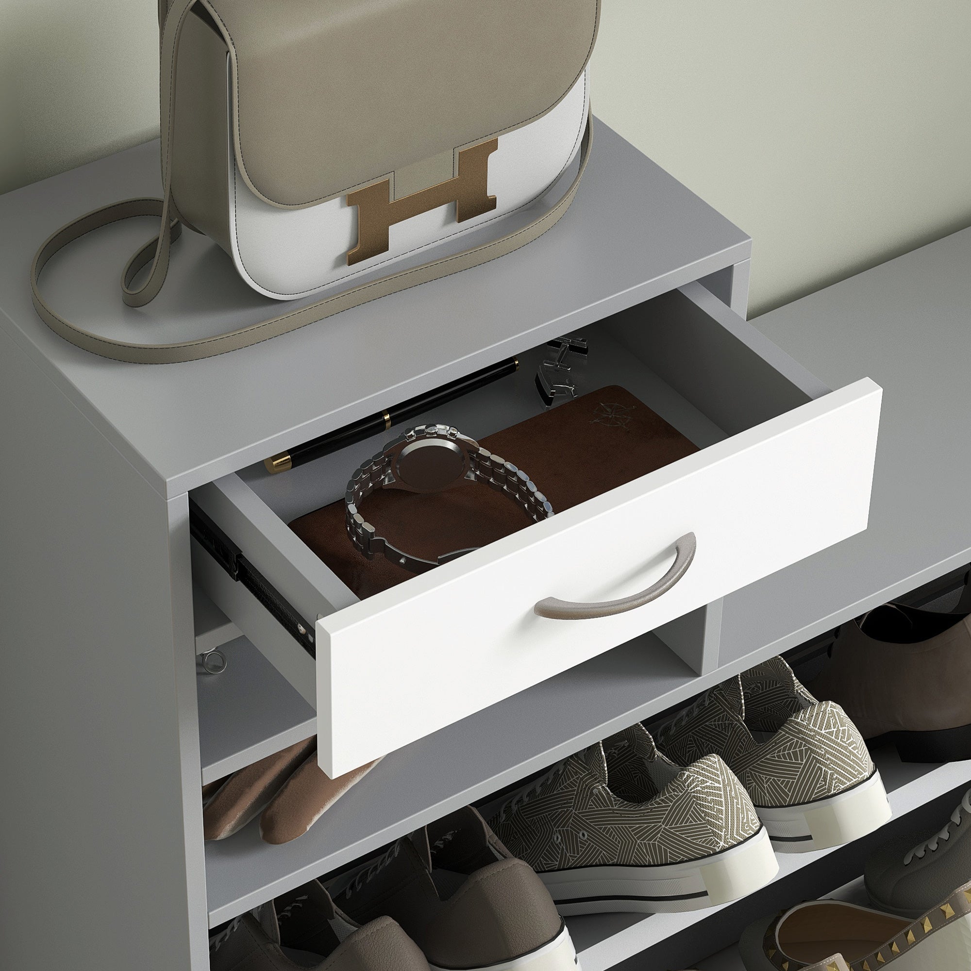 HOMCOM Three-in-One Hallway Storage Set - Grey/White - North Peak Garden Furniture