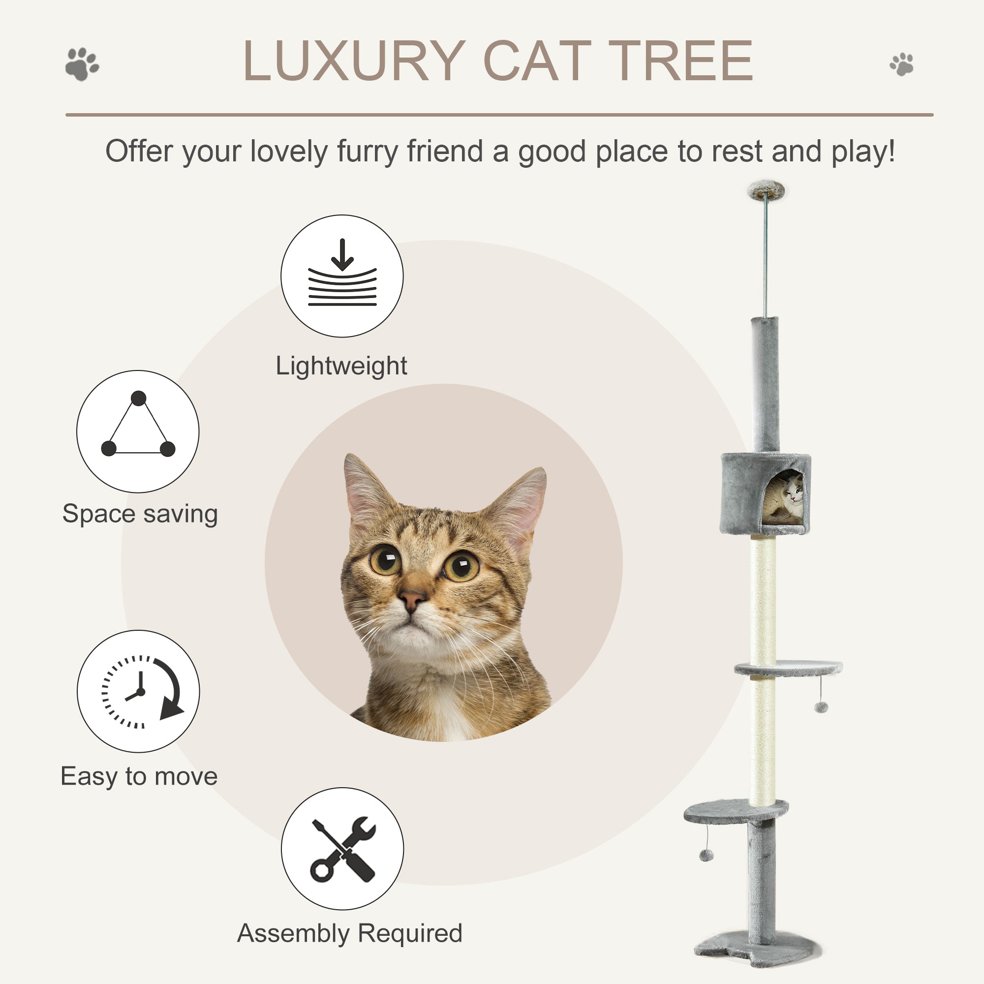 PawHut Floor to Ceiling Cat Tree for Indoor Cats, Kitten Tower, Condo, Multi-Layer Activity Center, Indoor Pet Play House with Solid Scratching Post Hanging Balls, Light Grey - North Peak Garden Furniture