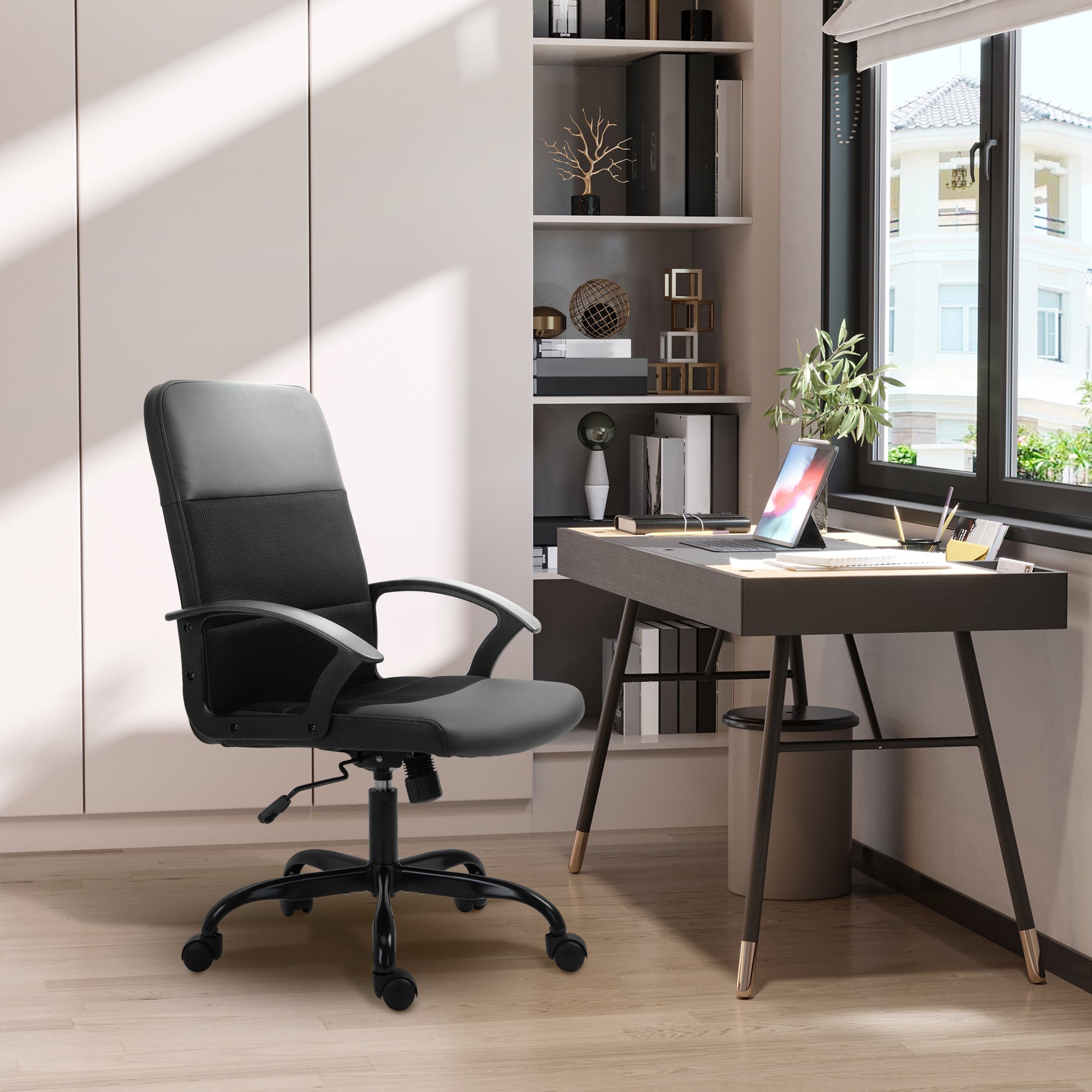 Vinsetto Mesh Office Chair, Faux Leather Desk Chair with Swivel Wheels, Adjustable Height and Tilt Function, Black - North Peak Garden Furniture