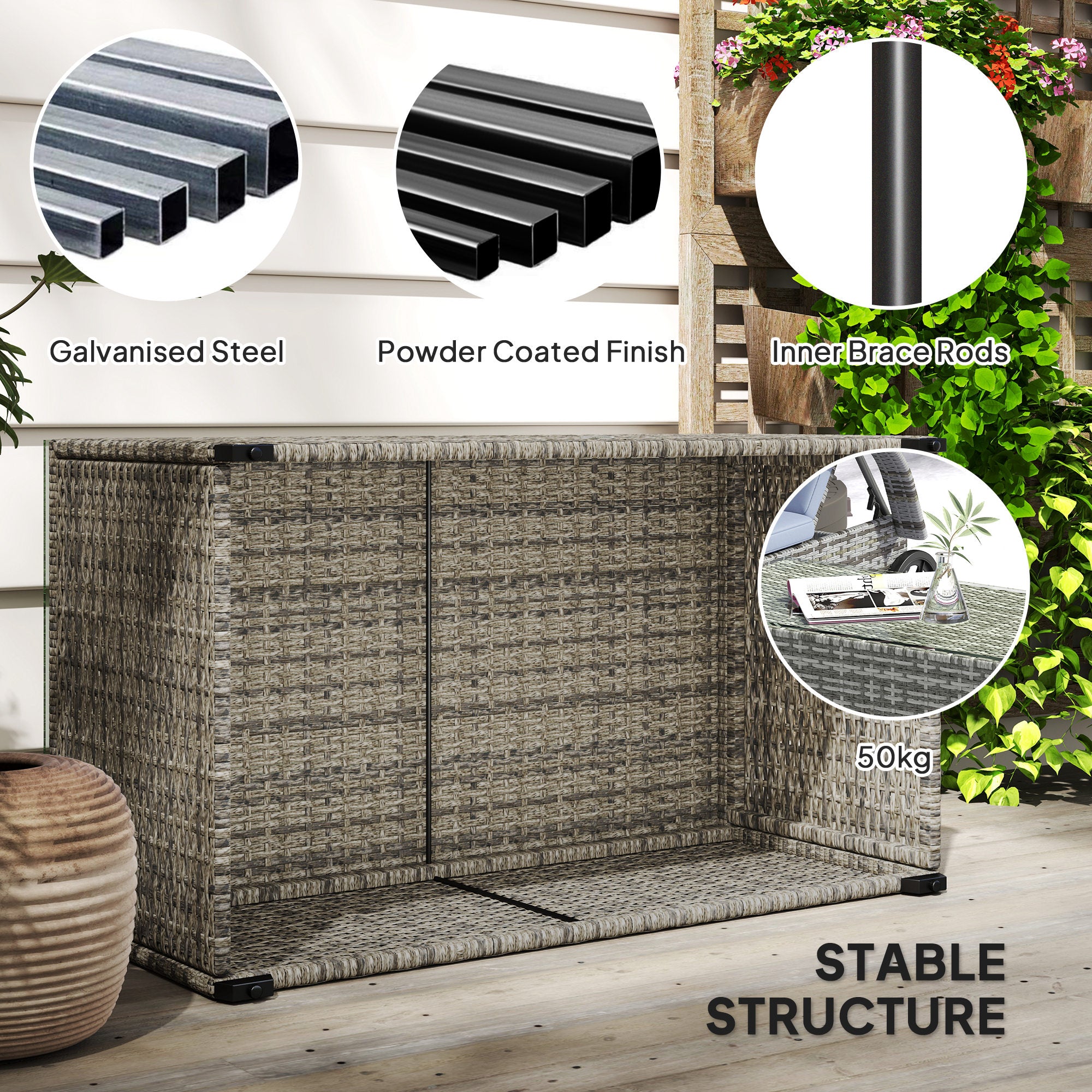 Outsunny 90 x 50cm Glass-Top Rattan Side Table - Dark Grey - North Peak Garden Furniture