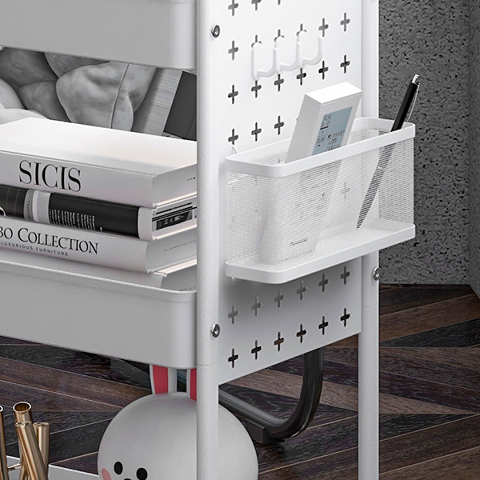 HOMCOM 3-tier Storage Trolley on Wheels, Rolling Utility Serving Cart with 3 Mesh Baskets, 2 Hanging Boxes and 6 Hooks for Living Room, Kitchen, White - North Peak Garden Furniture