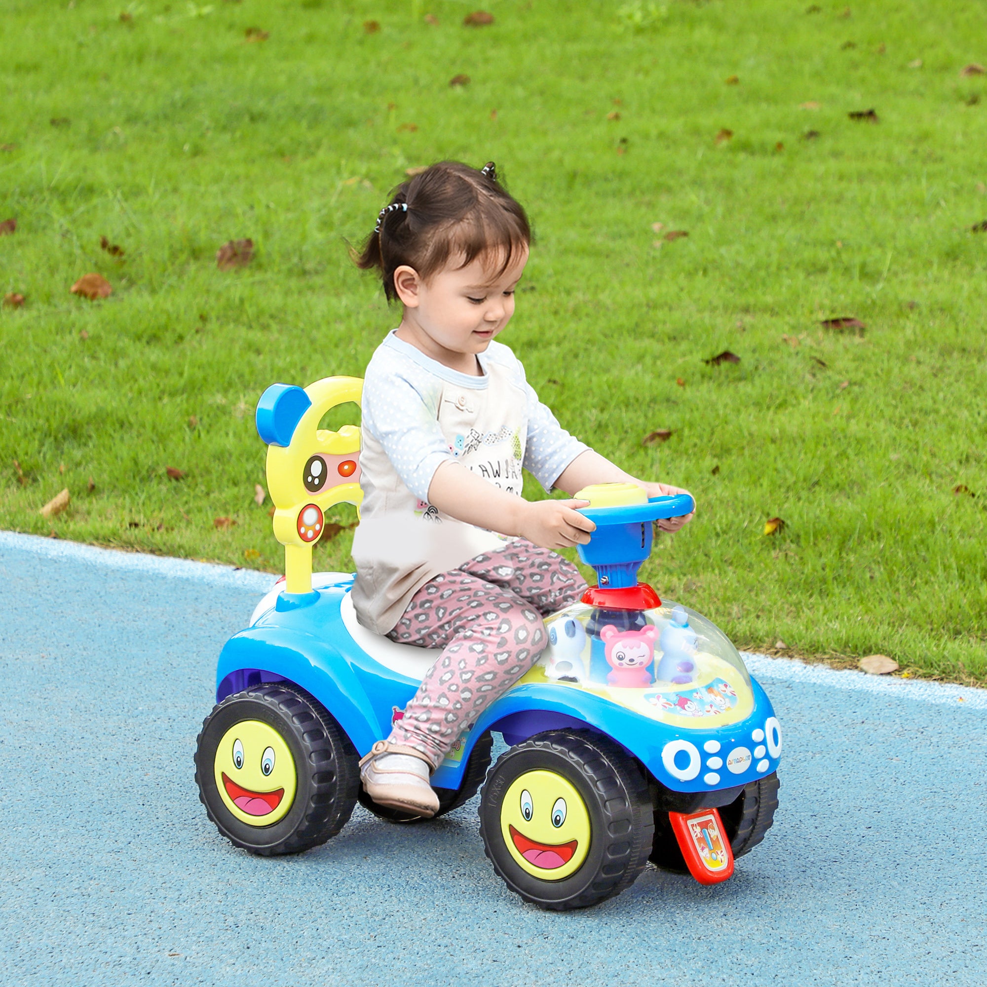 AIYAPLAY Foot to Floor oddler Ride on Toy w/ Music, Light, Horn, Under Seat Storage, Anti-Over-Backwards Device, Blue