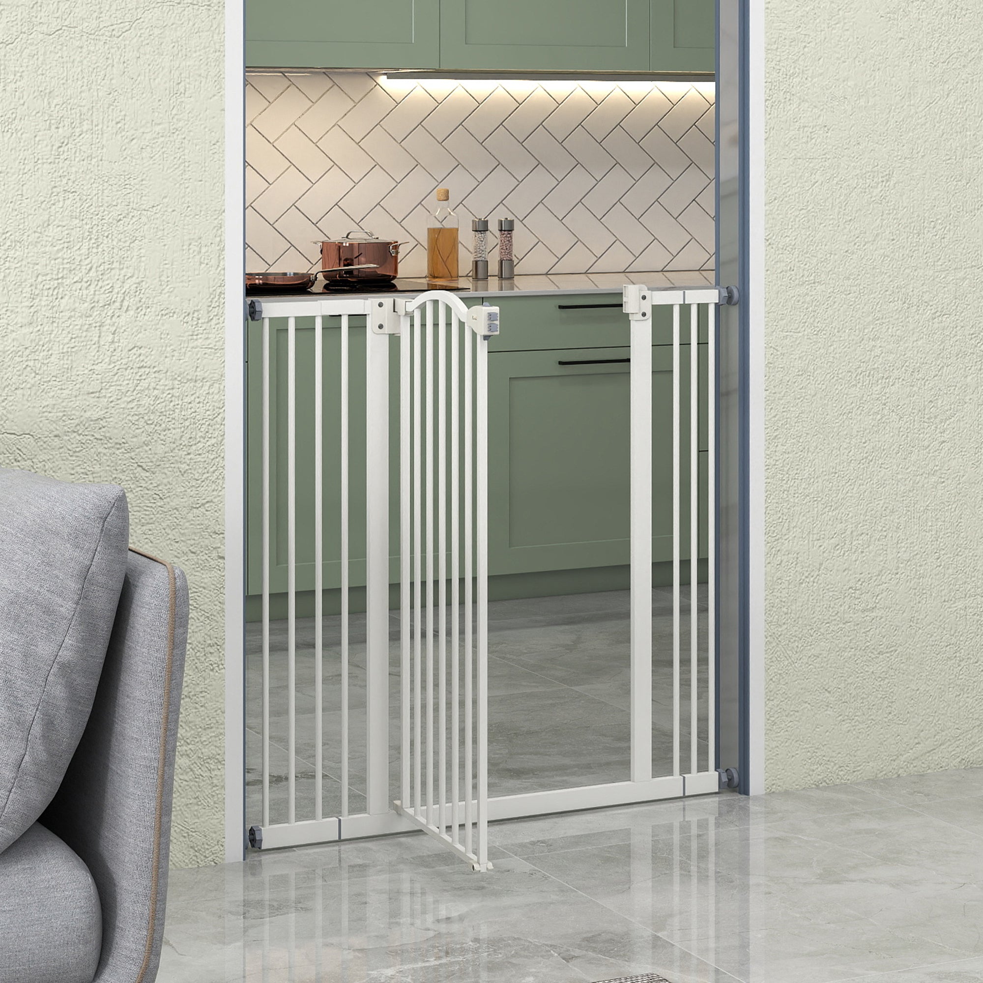 PawHut Pressure Fit Dog Stair Gate No Drilling Safety Gate Auto Close for Doorways, Hallways, 74-100cm Adjustable, 94cm Tall, White