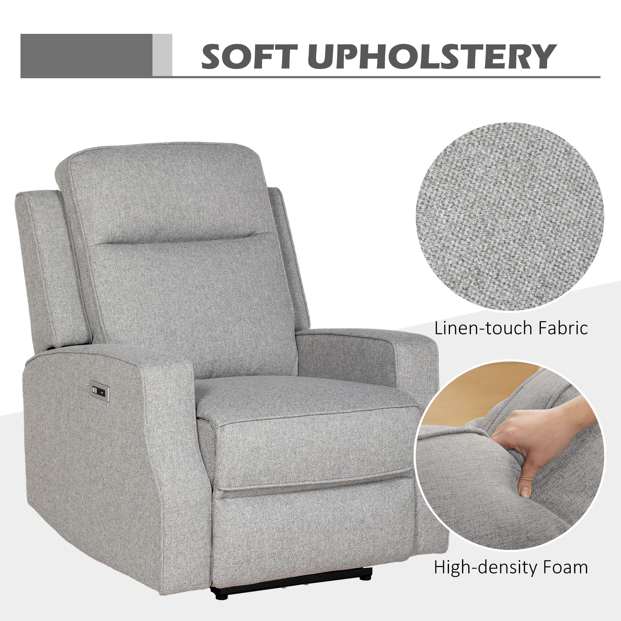 HOMCOM 150° Electric Reclining Chair, with USB port and Footrest - Grey - North Peak Garden Furniture