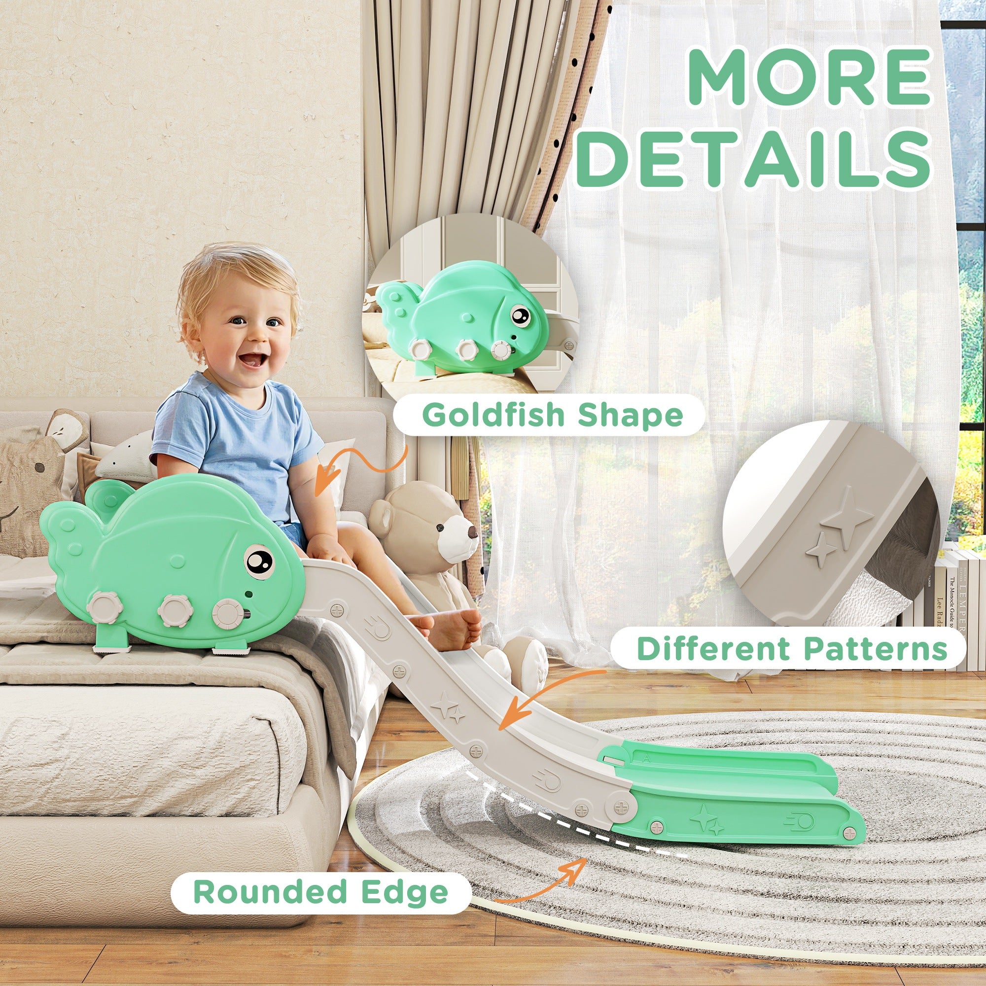 AIYAPLAY Kids Sofa Slide with 130cm Extended Length, HDPE Toddler Slide for Sofa, Bed, Stairs, Easy Assemble & Storage, Green - North Peak Garden Furniture