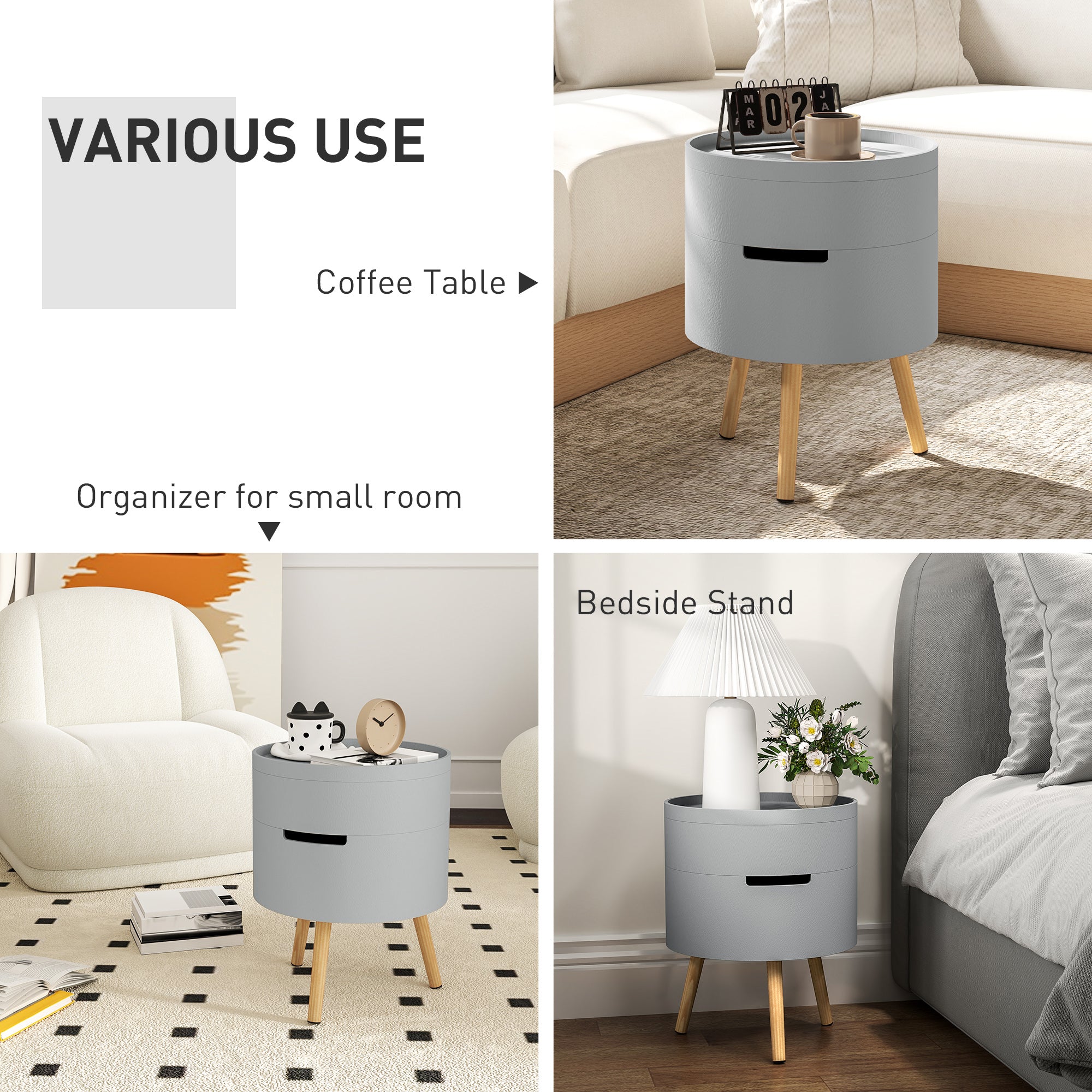 HOMCOM 3-Tier Coffee Table, Round End Table with 2 Hidden Compartments and Detachable Tray, Side Table with Storage for Living Room, Grey - North Peak Garden Furniture