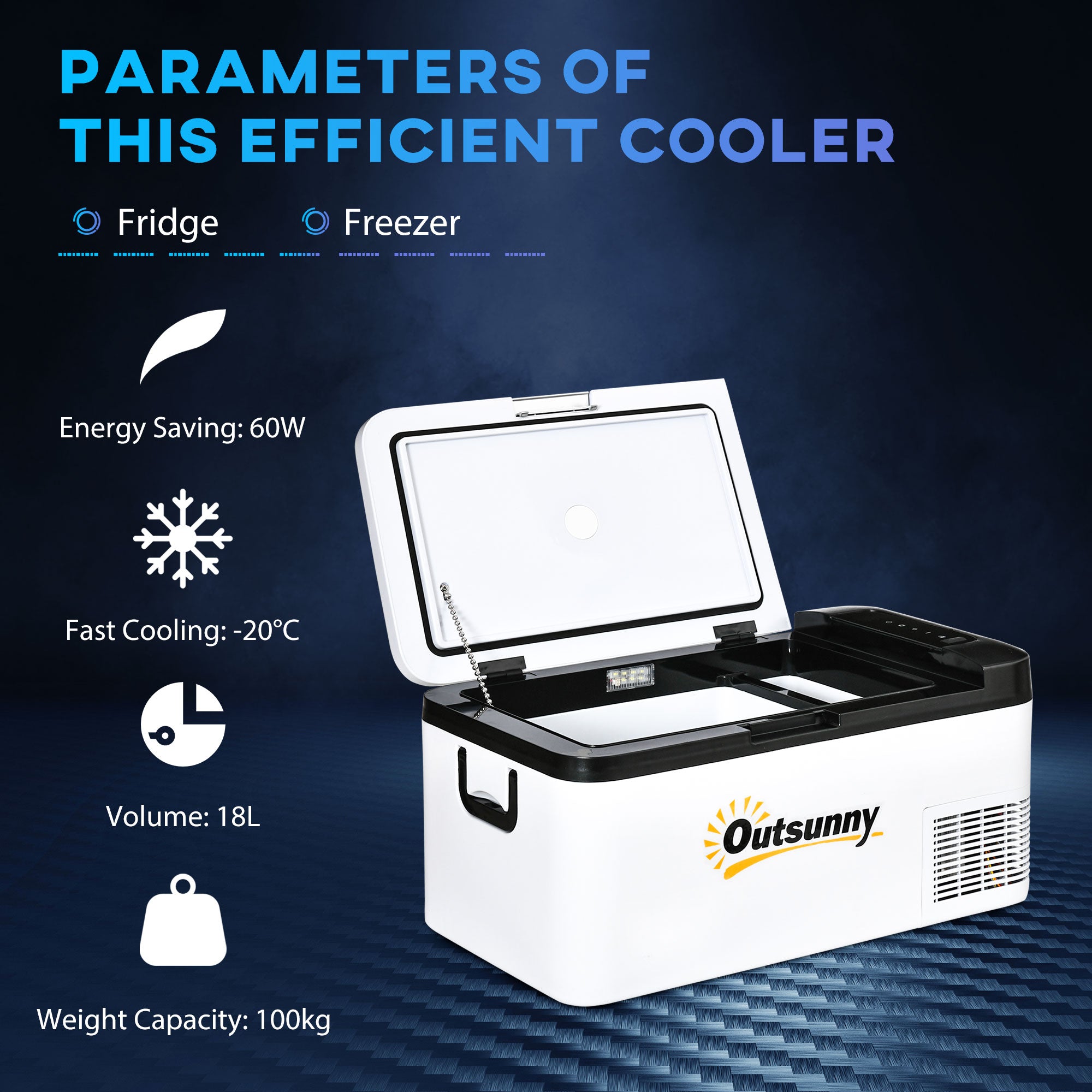 Outsunny 12V Car Refrigerator w/ LED Light & Foldable Handles, 18L Portable Compressor Cooler, Fridge Freezer with 12/24V DC and 110-240V AC for Campervan RV Boat Travel