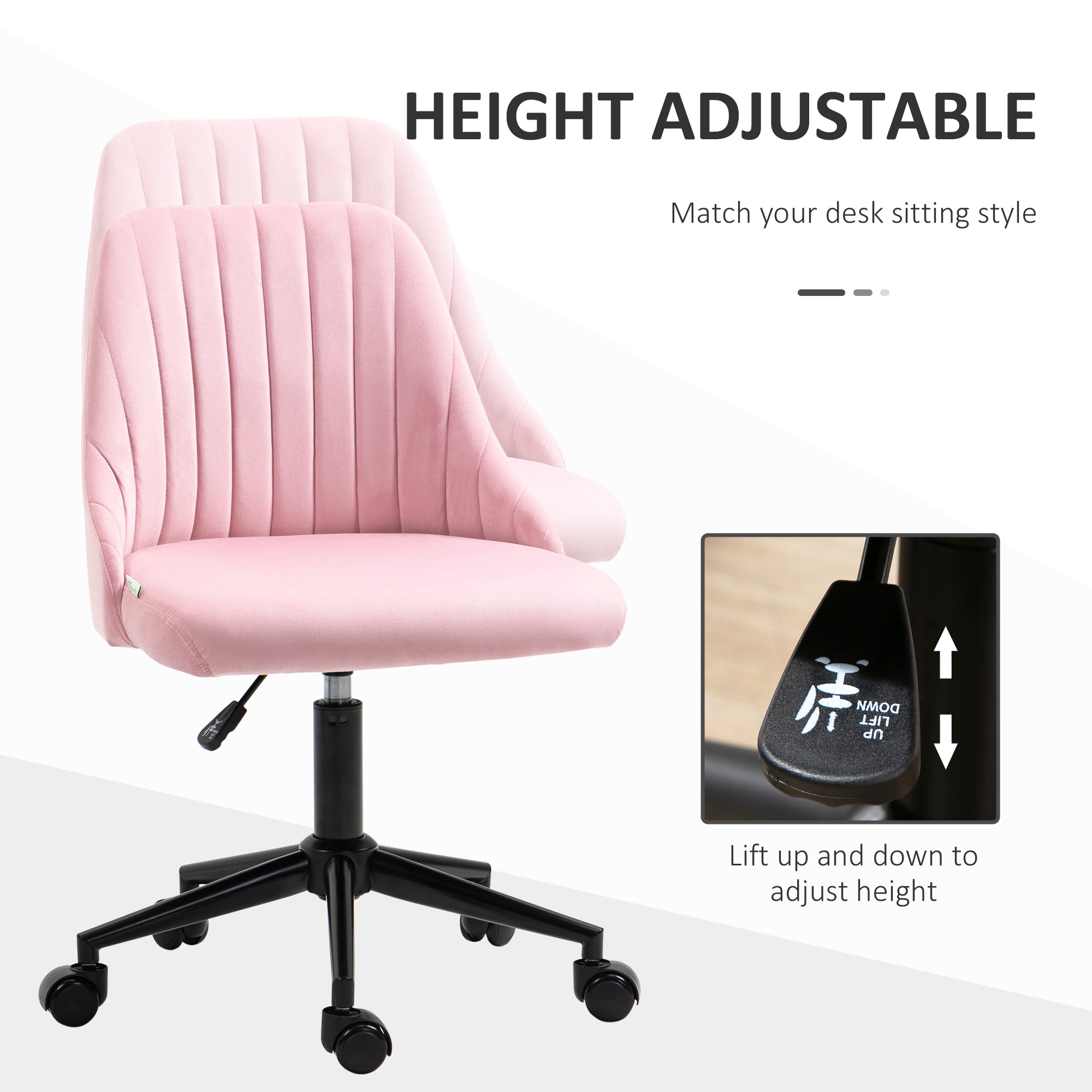 Vinsetto Velvet-Feel Armless Office Chair - Pink - North Peak Garden Furniture