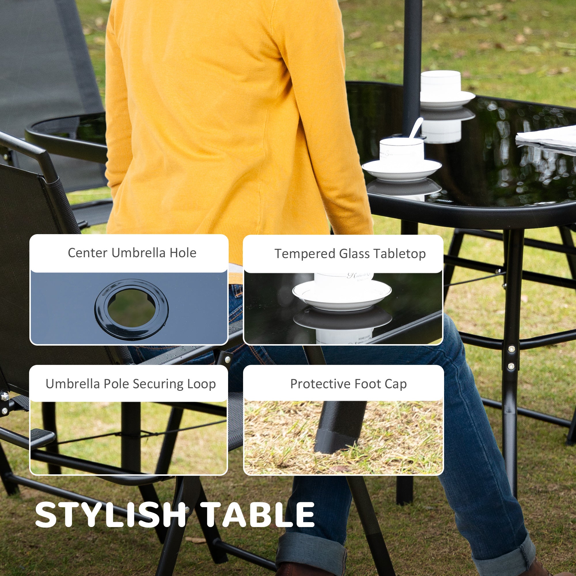 Outsunny Eight-Piece Garden Dining Set, with Chairs, Table and Parasol - Black - North Peak Garden Furniture