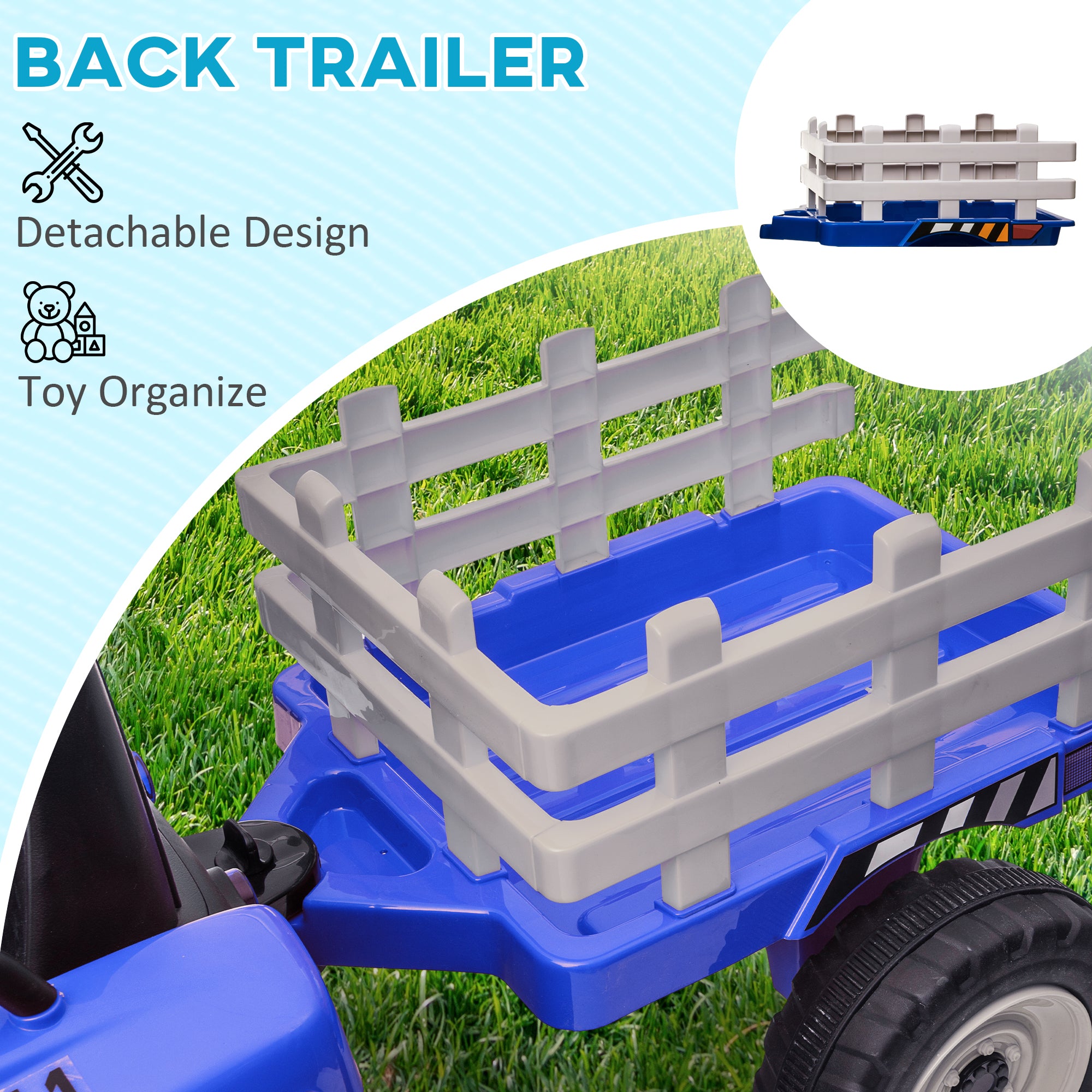HOMCOM Ride On Tractor, Battery Powered Electric Car, with Detachable Trailer, Remote Control, Music - Blue - North Peak Garden Furniture