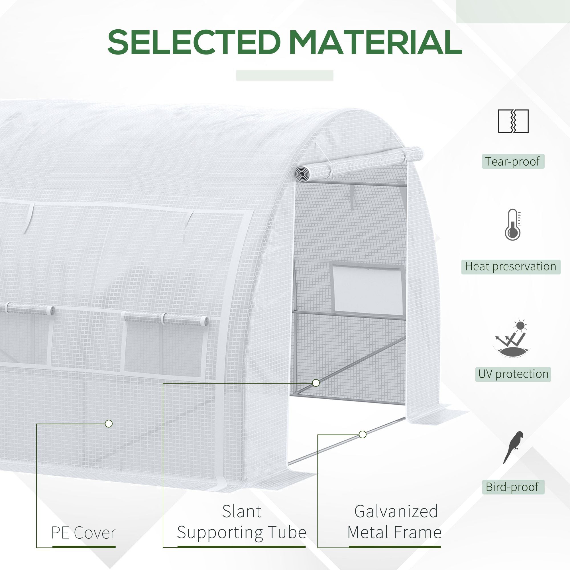 Outsunny 4 x 3 x 2 m Polytunnel Greenhouse with Roll-up Side Walls, Walk-in Grow House Tent with Steel Frame, Reinforced Cover, Zipped Door and 12 Mesh Windows for Garden, White - North Peak Garden Furniture