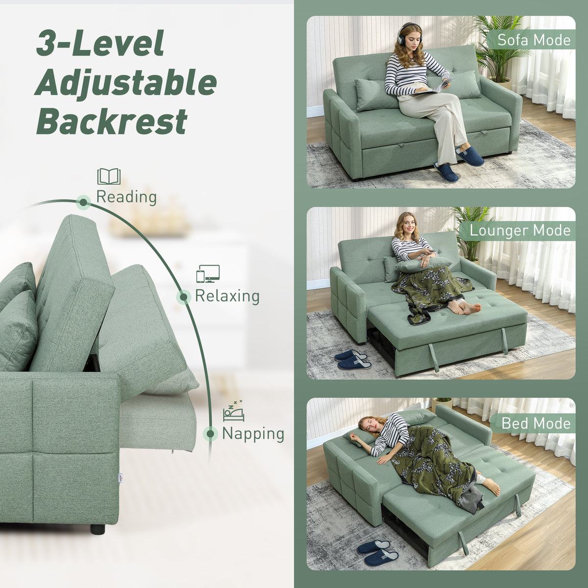 HOMCOM Three-Way 2 Seater Sofa Bed with Three-position back and Two Soft Pillows - Green