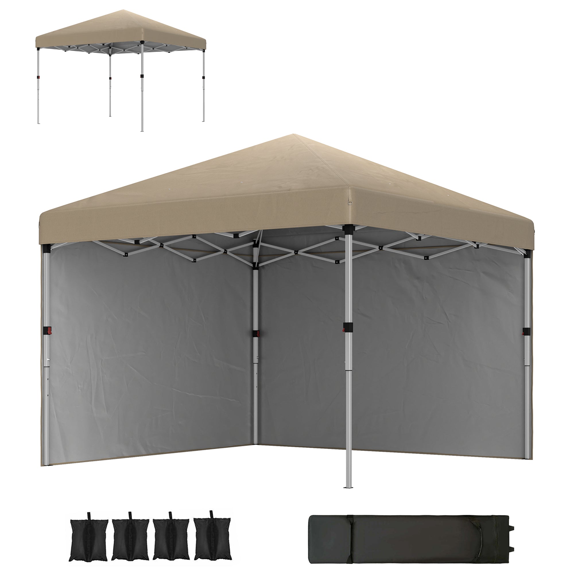 Outsunny 3 x 3 (M) Pop Up Gazebo, UPF 30+ with 2 Sidewalls, Leg Weight Bags and Wheeled Bag, Height Adjustable Party Tent Event Shelter for Garden, Patio, Khaki - North Peak Garden Furniture