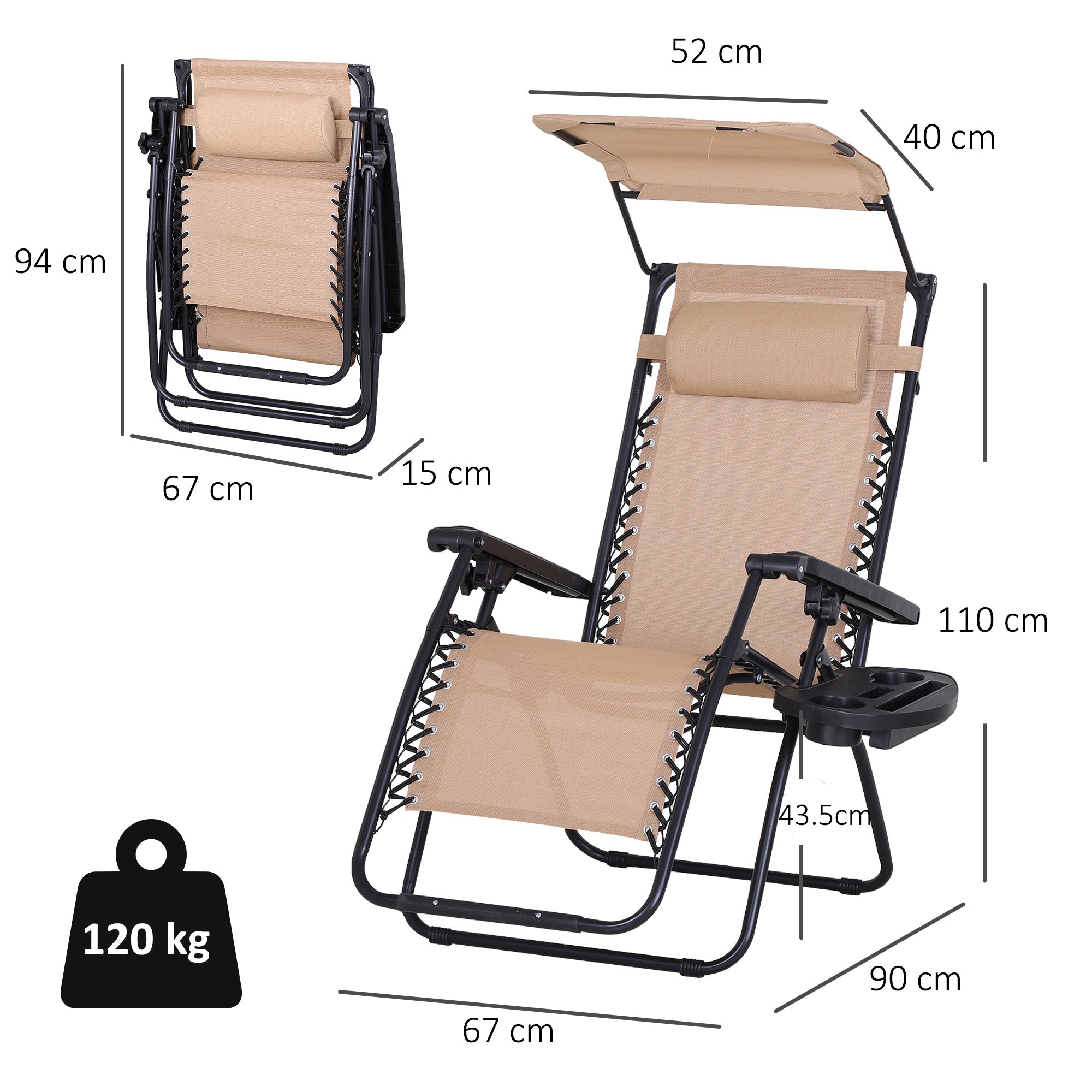 Outsunny Foldable Reclining Garden Chair with Headrest, Zero Gravity Deck Sun Lounger Seat Chair with Footrest, Armrest, Cup Holder & Canopy Shade, Beige - North Peak Garden Furniture