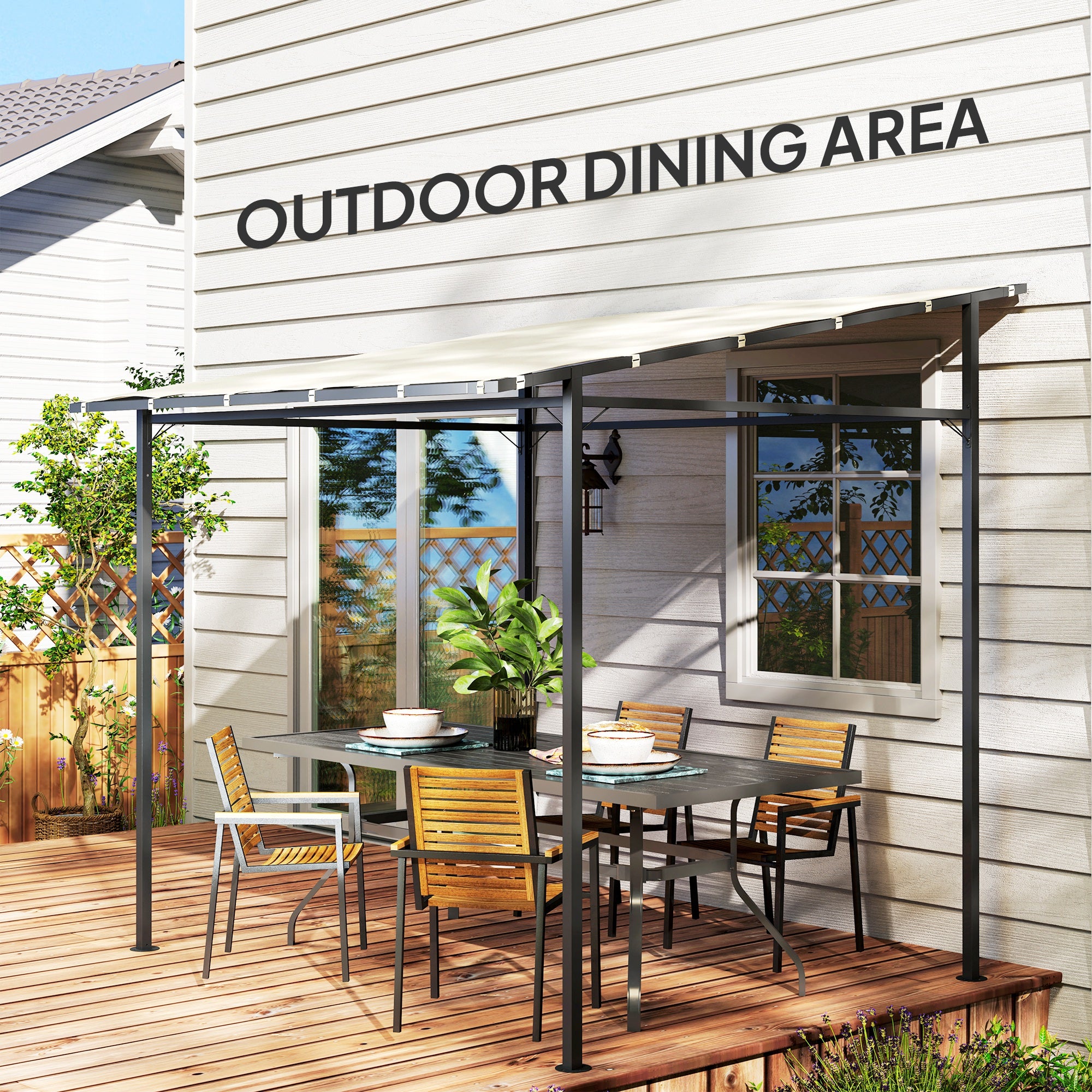 Outsunny 2.4 x 2.4 m Wall Mounted Pergola Gazebo with PA Coating Fabric and Metal Frame, UPF30+, Lean to Garden Gazebo, Wind Resistant Outdoor Sun Shade Shelter for Garden, Deck, Cream White - North Peak Garden Furniture