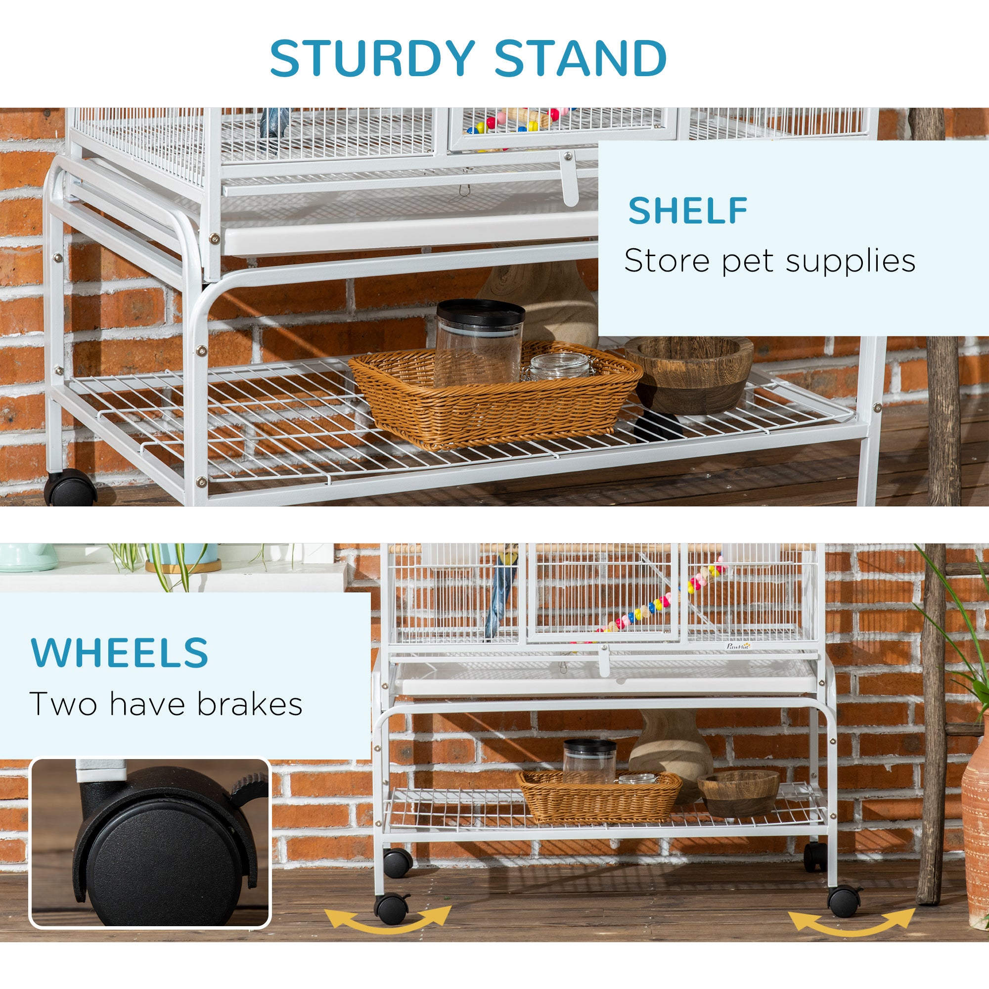 PawHut Large Bird Cage Budgie Cage 3 Tier Aviary with Stand Wheels, Toys, Ladders, Shelf for Canaries, Finches, Cockatiels, Parakeets - White - North Peak Garden Furniture