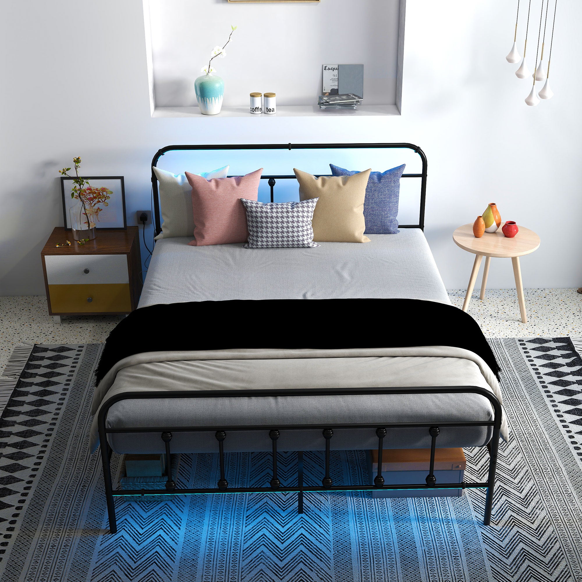 HOMCOM Double Bed Frame with LED Lights and Charging Station, Metal Platform Bed Frame with Under Bed Storage, Black - North Peak Garden Furniture