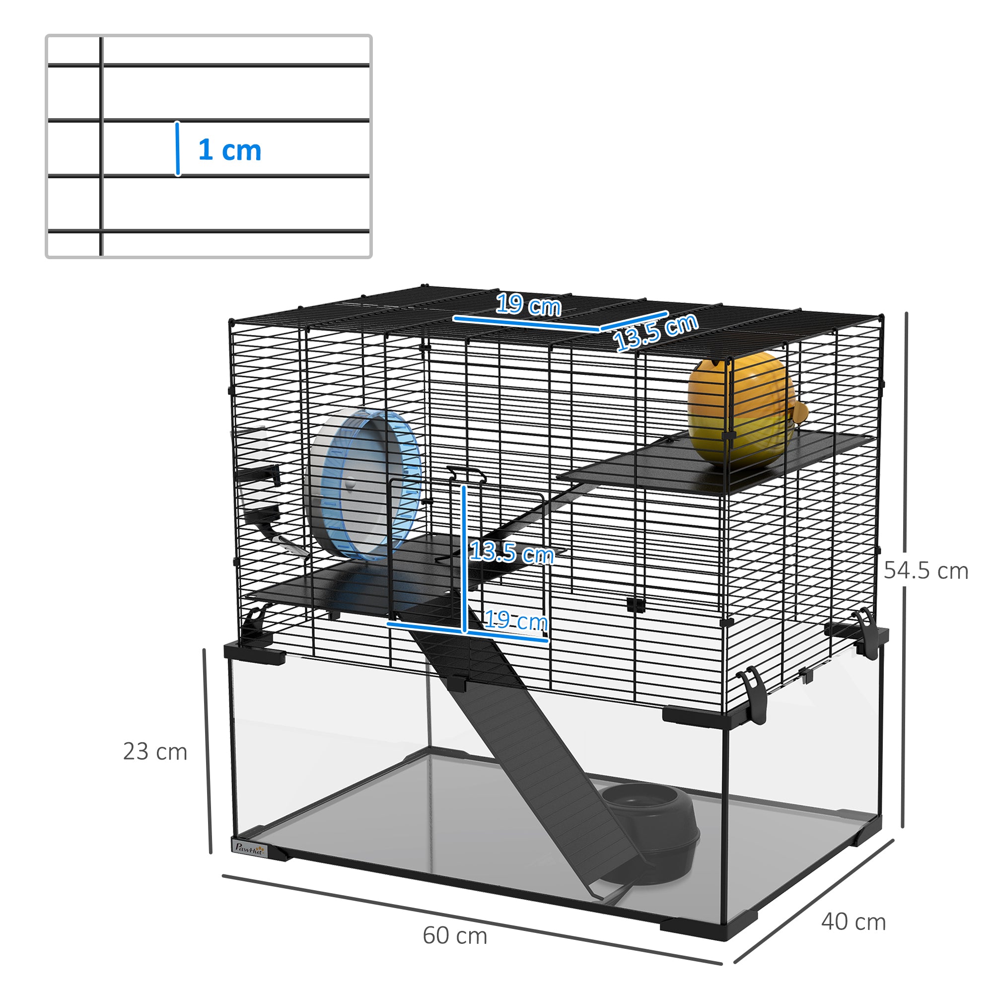 PawHut 3 Tiers Hamster Cage, Gerbil Cage with Deep Glass Bottom, Non-Slip Ramps, Platforms, Hut, Exercise Wheels, Water Bottle, Dish, for Syrian Hamster, Dwarf Hamster, 60 x 40 x 57cm - North Peak Garden Furniture