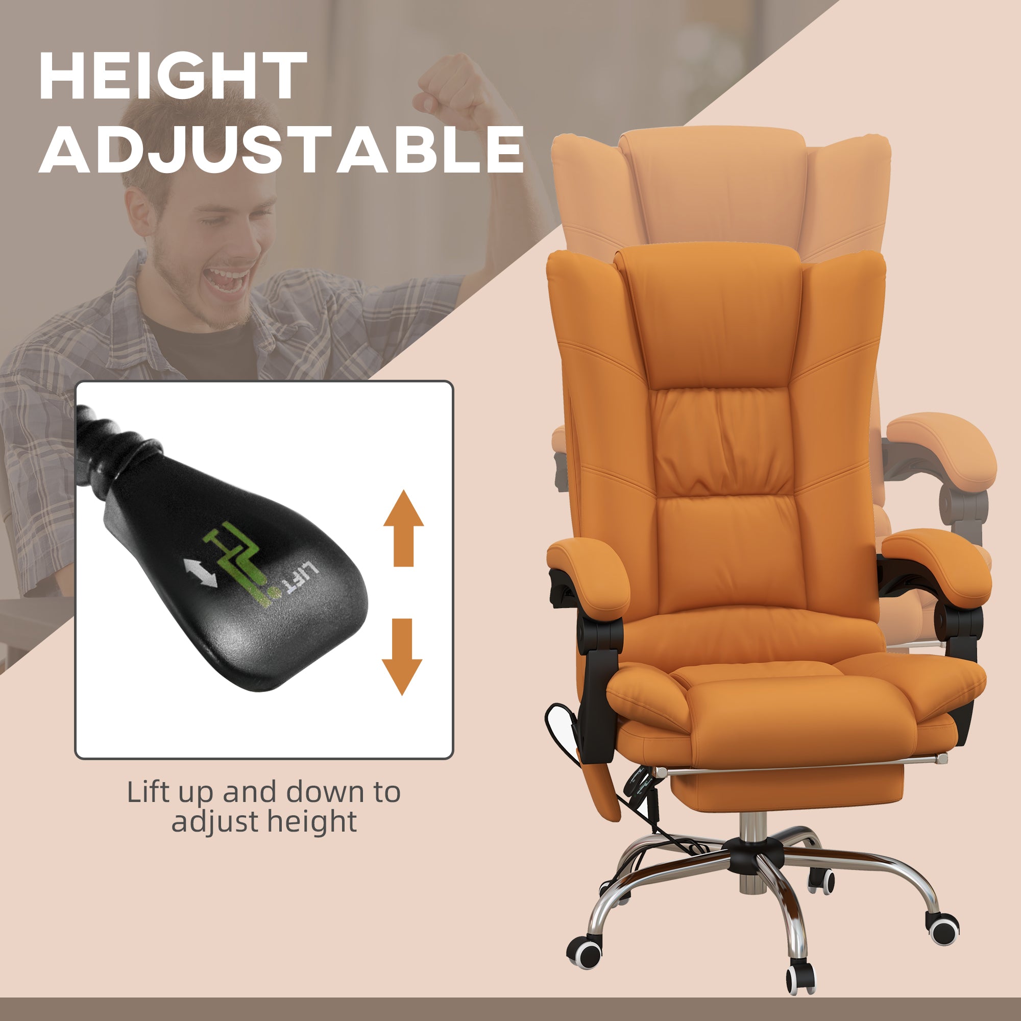 Vinsetto Office Chair, Ergonomic Desk Chair with 4-Point Vibration Massage and Lumbar Heating, PU Leather Computer Chair with 135° Reclining Back and Footrest, Orange