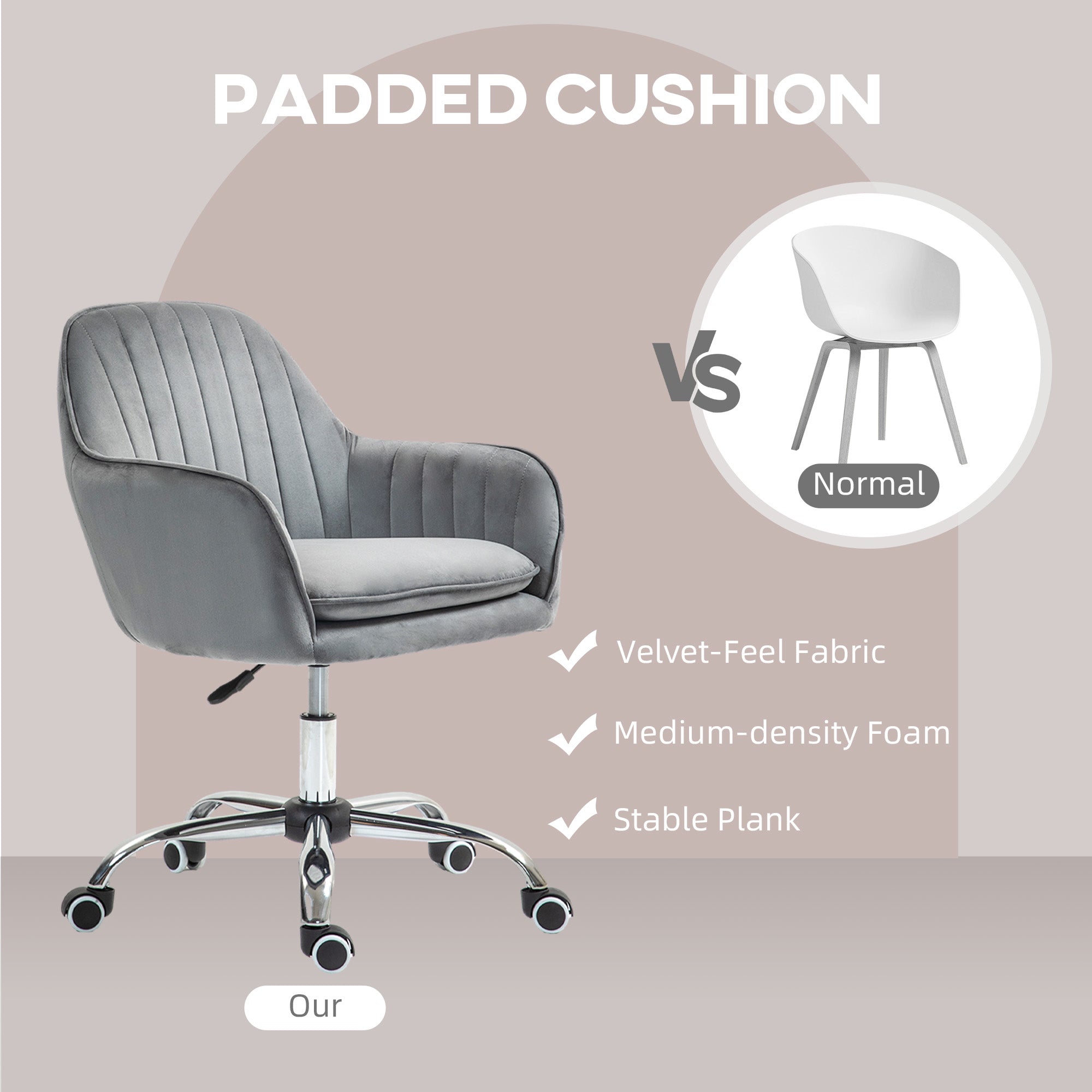 HOMCOM Office Chair, Swivel Desk Chair, Velvet-Feel Fabric Vanity Chair with Adjustable Height and Rolling Wheels for Home Work Study, Grey - North Peak Garden Furniture