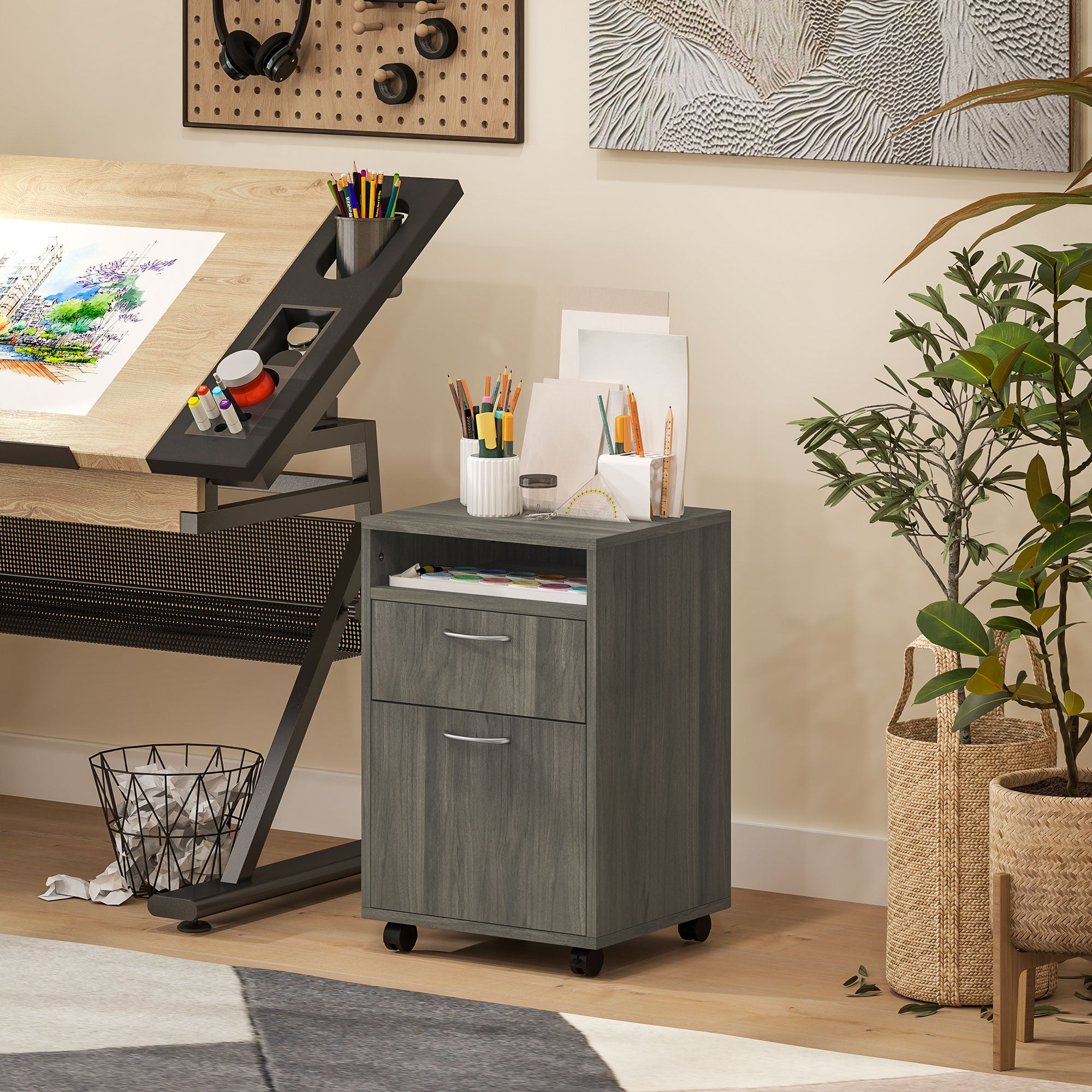 HOMCOM 60cm Filing Cabinet with Drawer, Open Shelf, Metal Handles and 4 Wheels, Office Home Organiser Mobile Printer, Grey - North Peak Garden Furniture