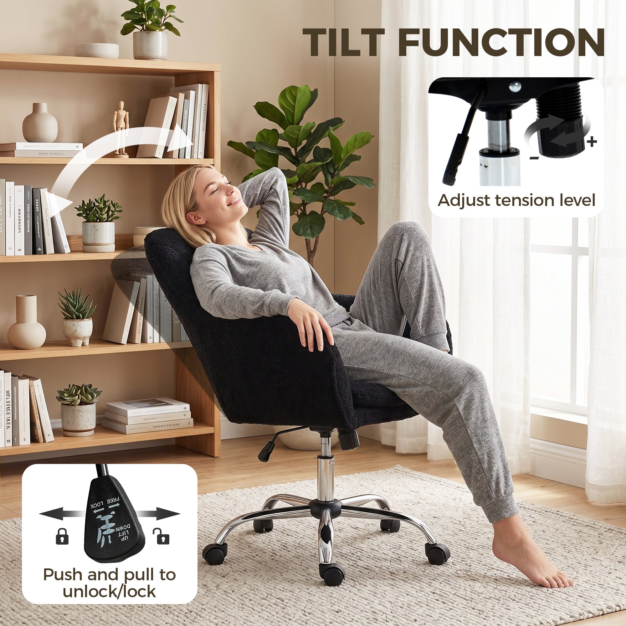 HOMCOM Modern Makeup Vanity Chair, Snow Flannel Office Chair with Tub Back, Black