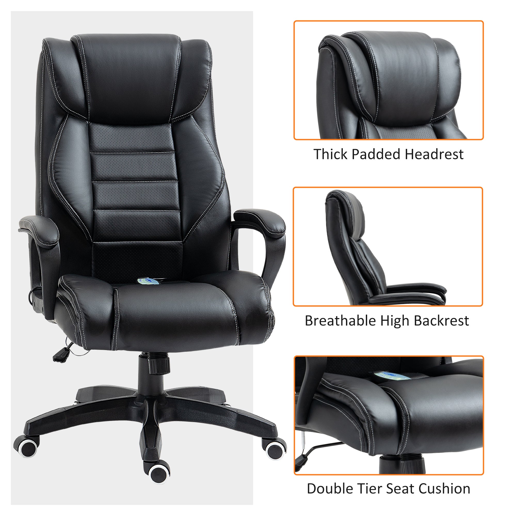 Vinsetto High Back Executive Office Chair 6- Point Vibration Massage Extra Padded Swivel Ergonomic Tilt Desk Seat, Black - North Peak Garden Furniture