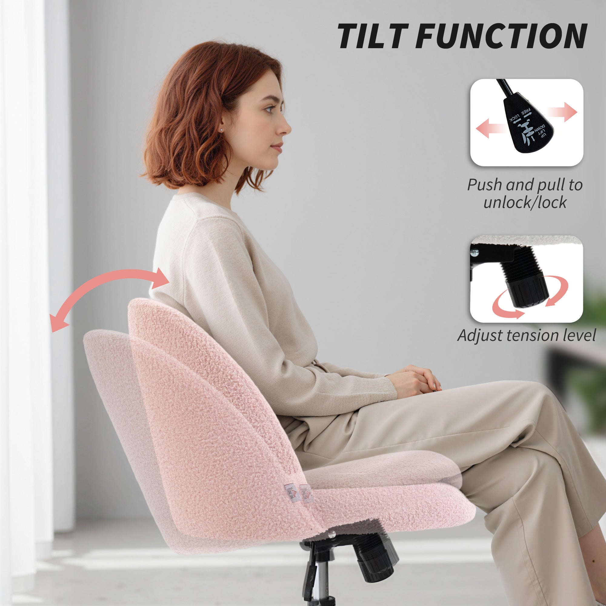 HOMCOM Teddy Fleece Office Chair with Wheels - Light Pink