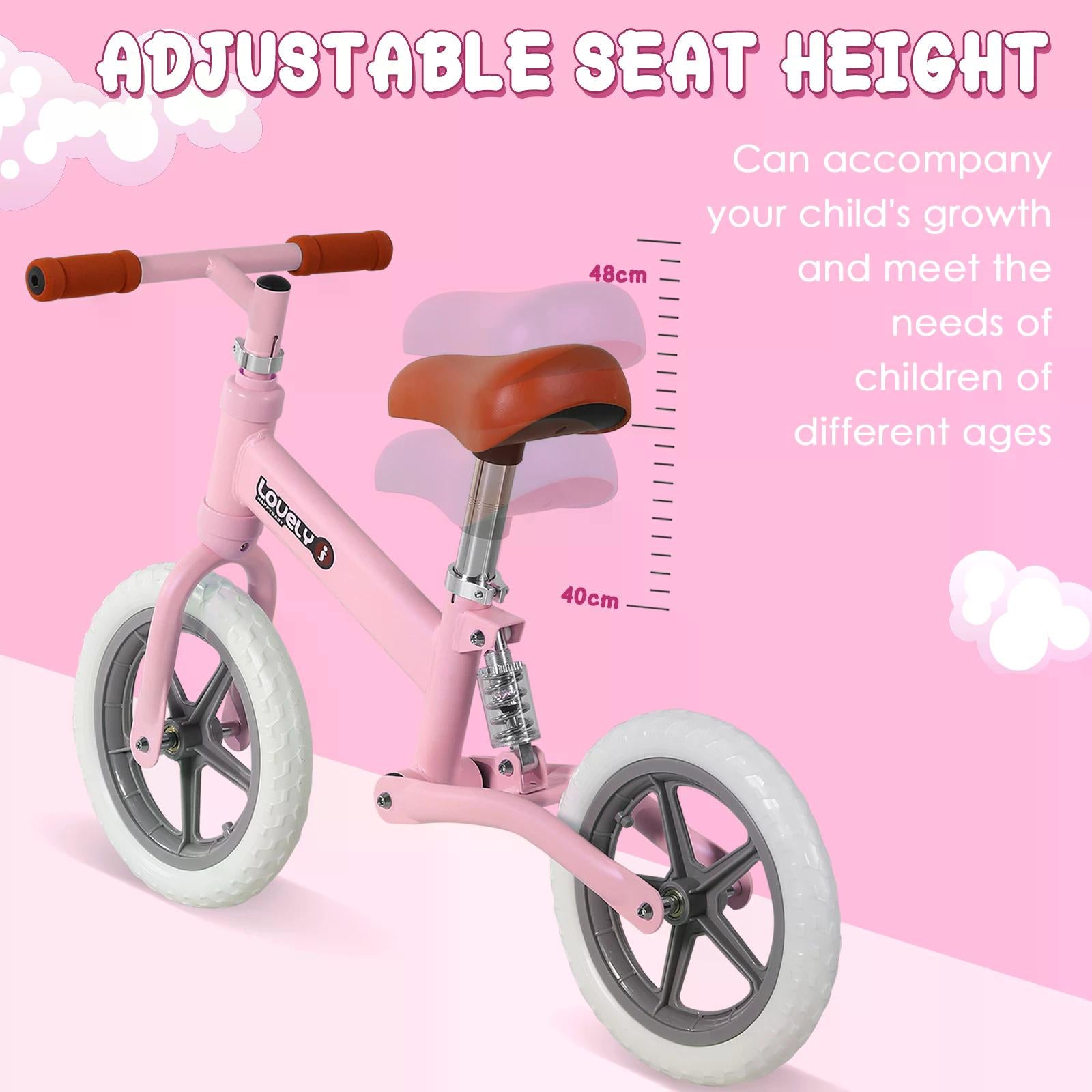 HOMCOM 12" Kids Balance Bike No Pedal Bicycle EVA Tire Adjustable Seat Toddler Training Bike W/ Shock Absorber 2 - 5 Years Gift for Boys Girls Pink