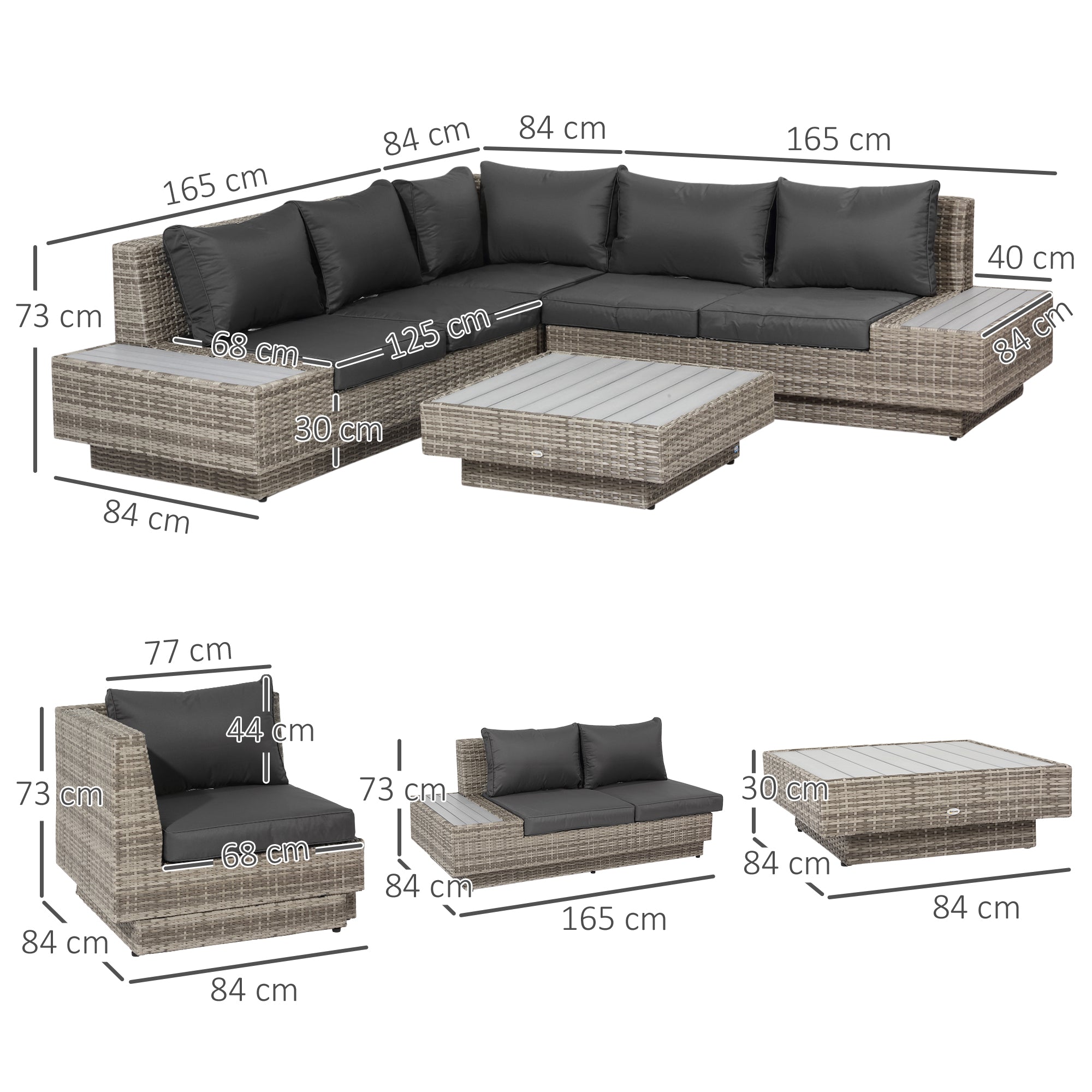 Outsunny 4 PCs Rattan Garden Furniture Outdoor Sectional Corner Sofa and Coffee Table Set  Conservatory Wicker Weave Furniture with Armrest and Cushions - Light Grey