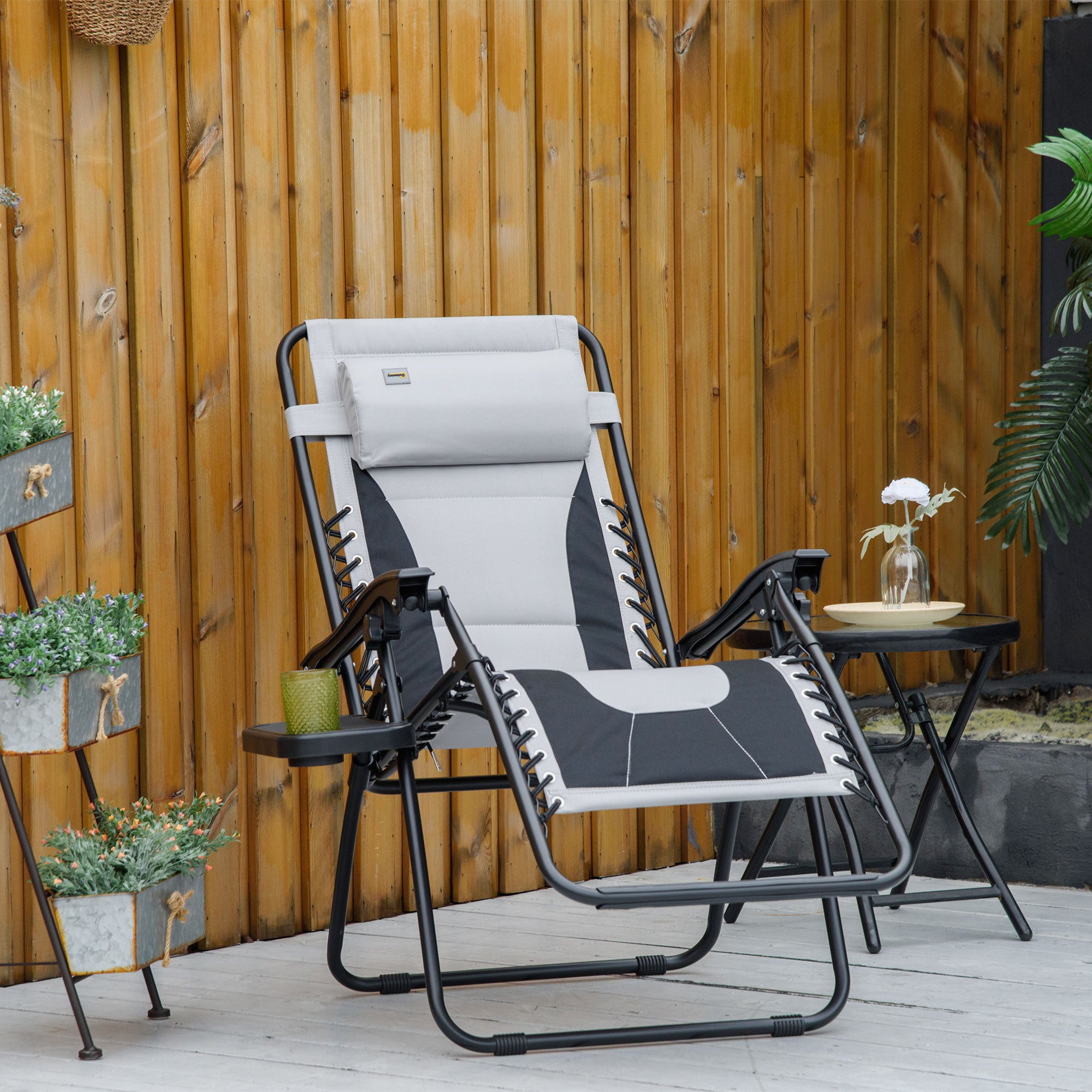 Outsunny Zero Gravity Chair, Folding Recliner, Patio Sun Lounger with Cup Holder, Adjustable Backrest, Padded Pillow for Outdoor, Patio, Deck, Poolside, Light Grey - North Peak Garden Furniture