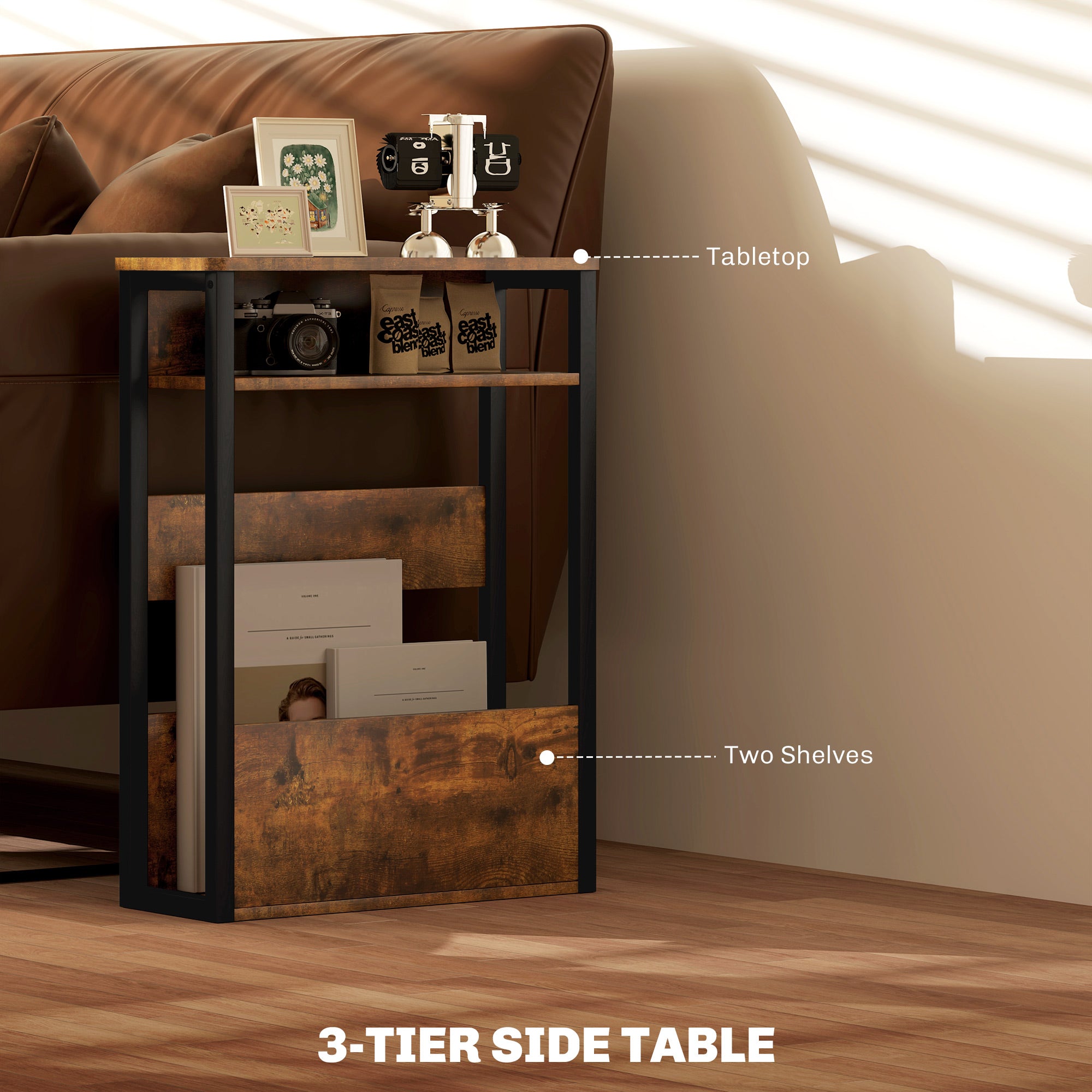 HOMCOM Industrial-Style Side Table - Black/Brown - North Peak Garden Furniture