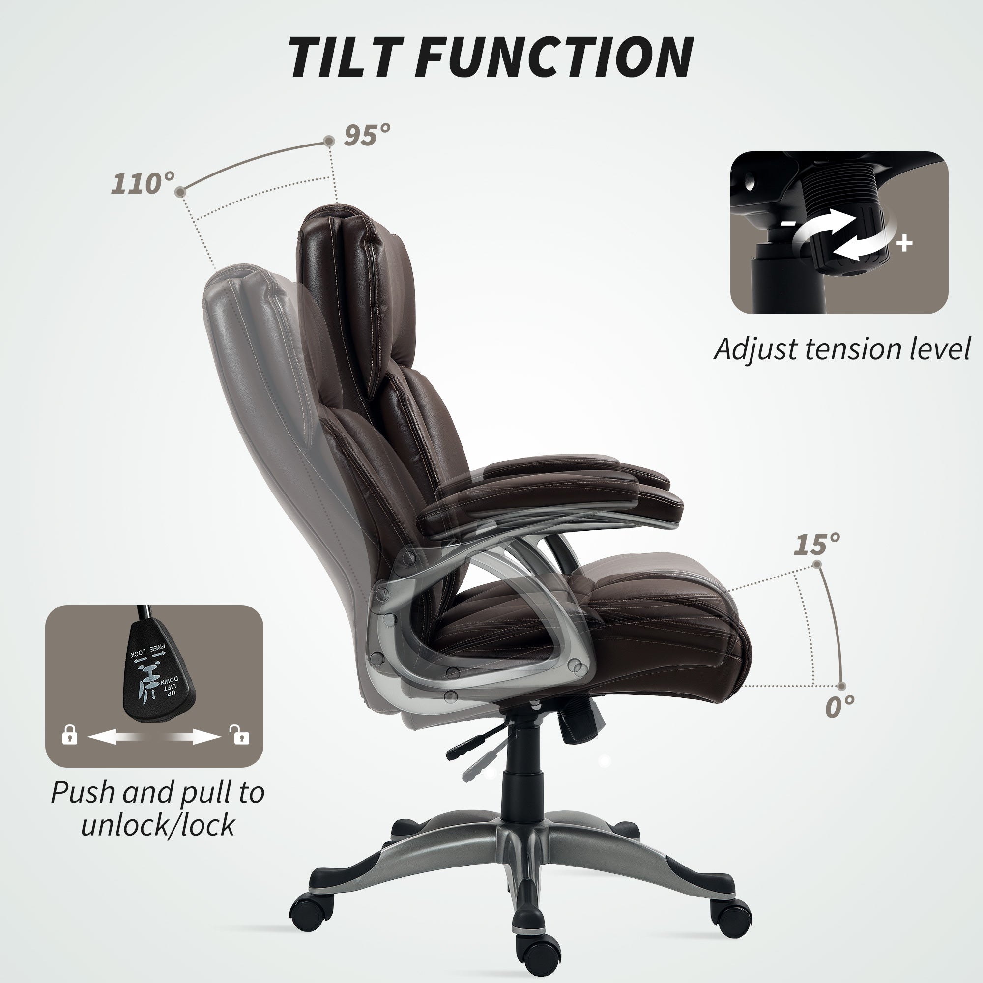 HOMCOM Executive Office Chair, PU Leather Desk Chair with Adjustable Height, Swivel Computer Chair with Tilt Function for Home Office, Brown - North Peak Garden Furniture