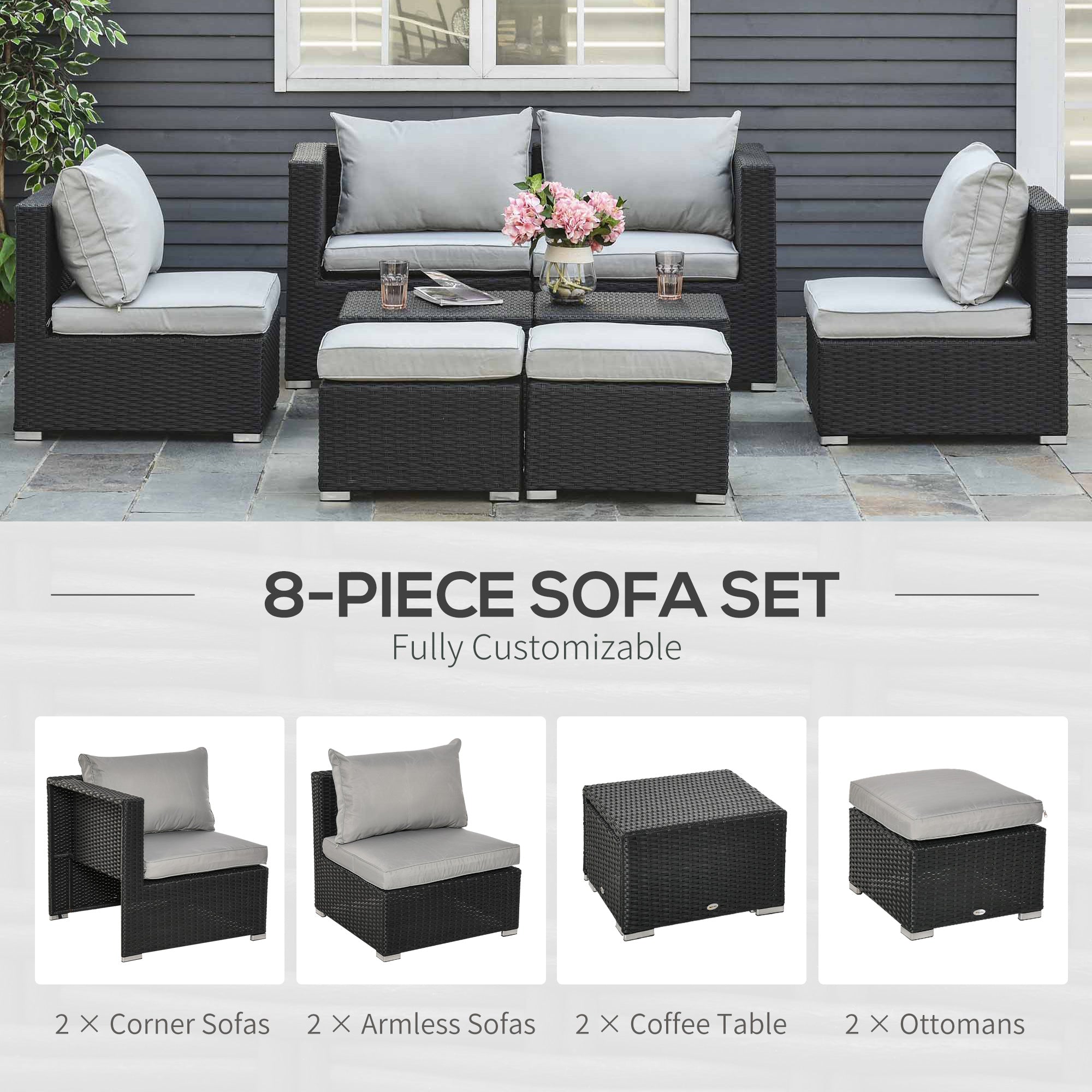 Outsunny 8 Pieces PE Rattan Sofa Set with Cushions, Garden Corner Sofa with 4 Seater Sofa, 2 Footstools and 2 Coffee Table Set, Space-saving Design, No Assembly Required, Black - North Peak Garden Furniture