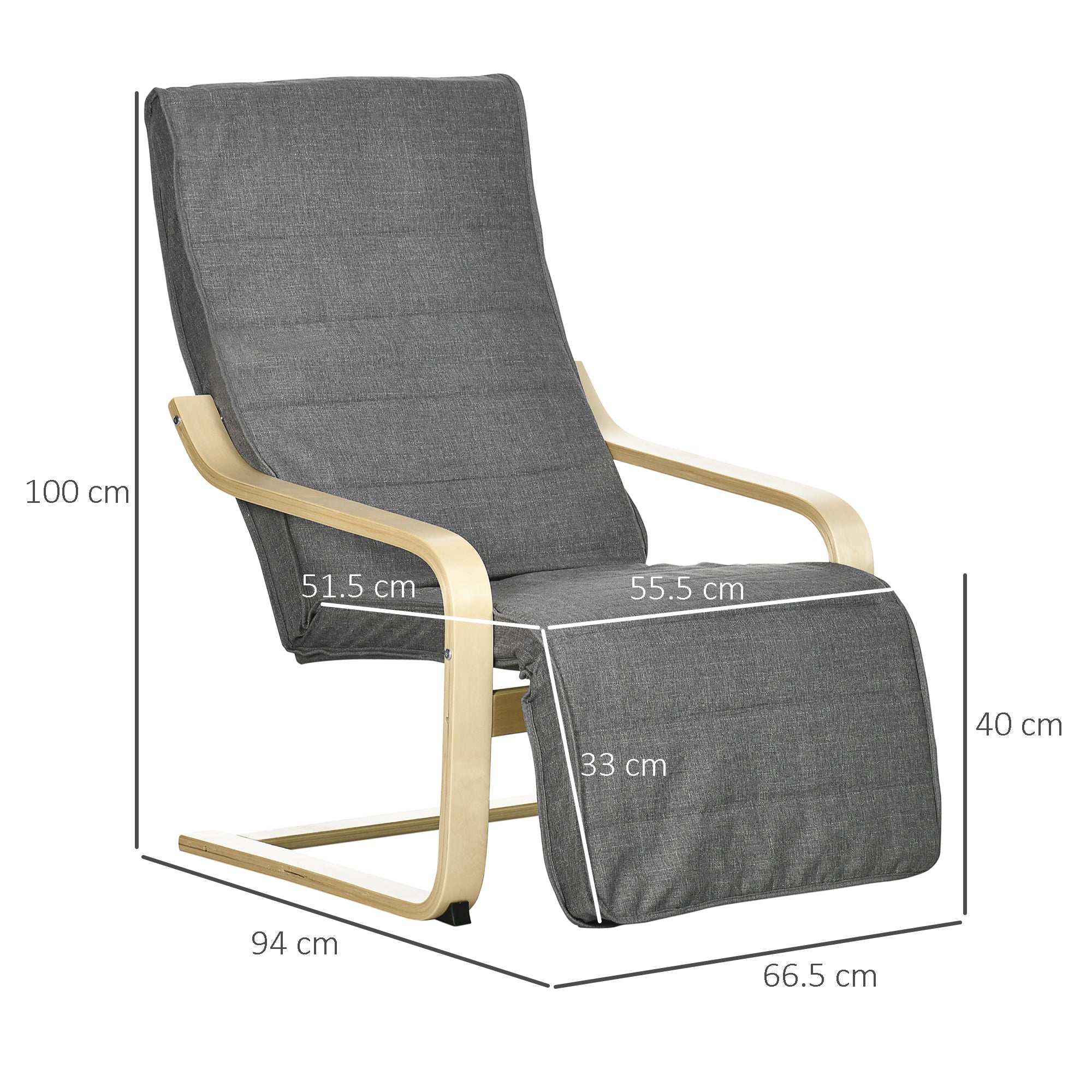 HOMCOM Wooden Lounging Chair Deck Relaxing Recliner Lounge Seat with Adjustable Footrest & Removable Cushion, Dark Grey - North Peak Garden Furniture