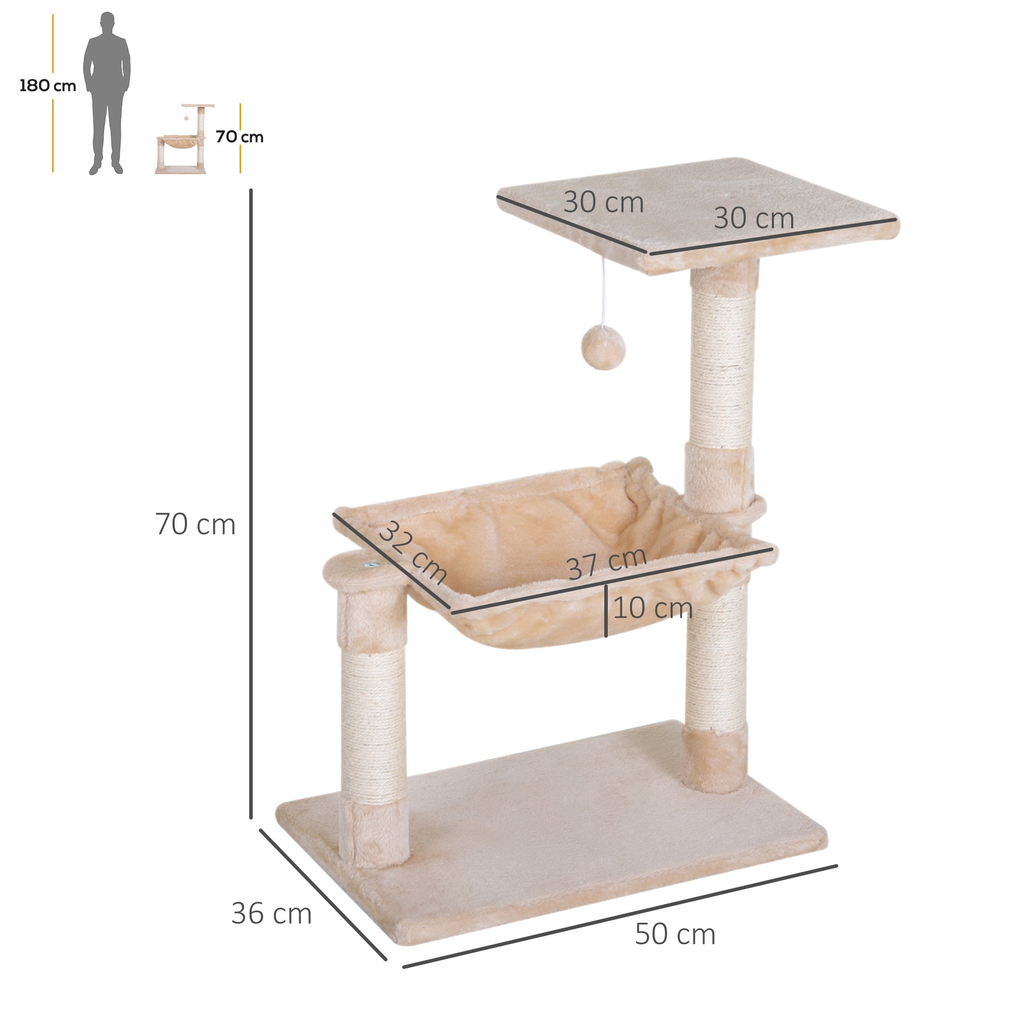 PawHut Cat Scratch Post with Bed Cat Tree for Indoor Cats Sisal Scratching Posts Hammock Kitty Activity Centre Beige - North Peak Garden Furniture