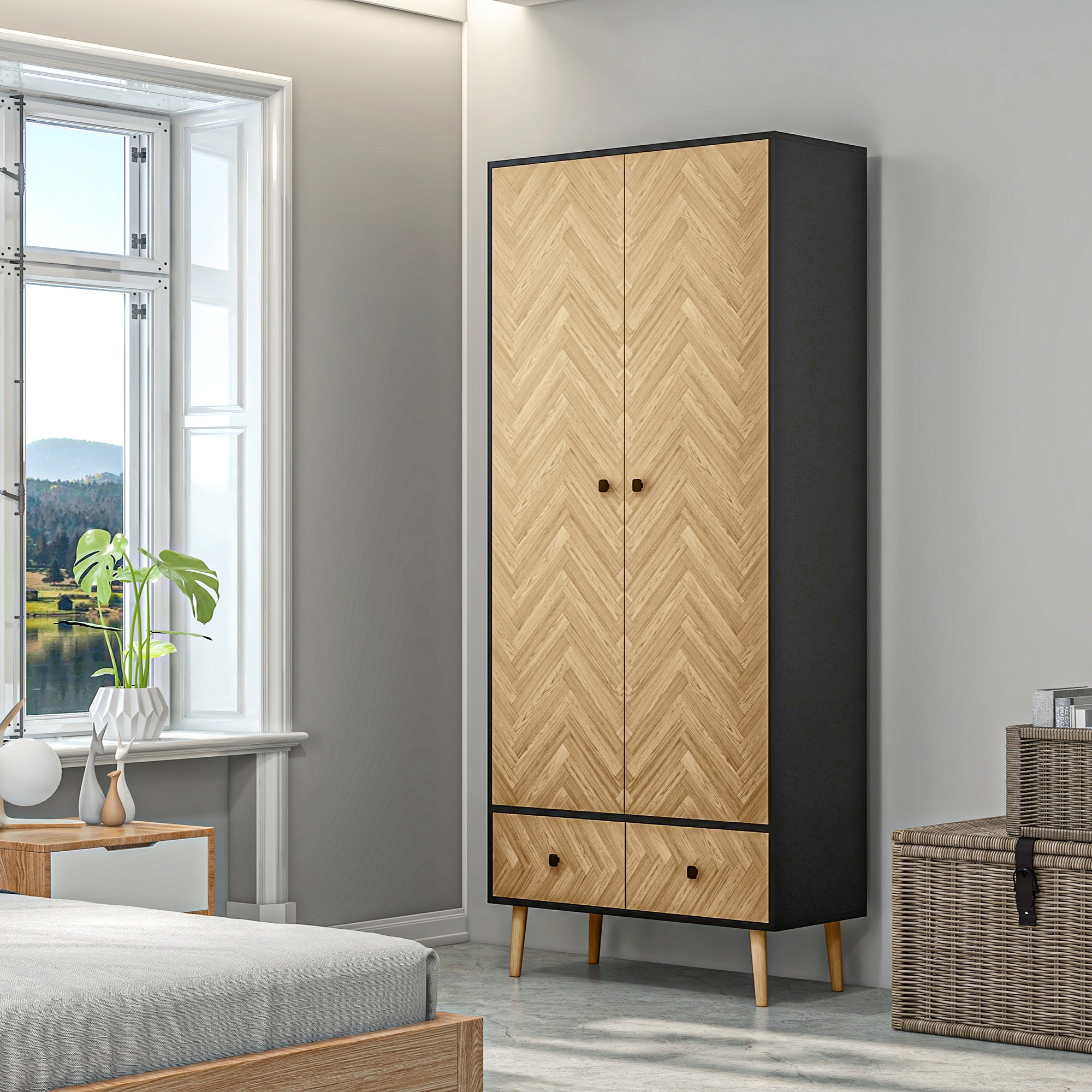 HOMCOM Modern Wardrobe Cabinet Wood Grain Sticker Surface with Shelf, Hanging Rod and 2 Drawers 90x50x190cm