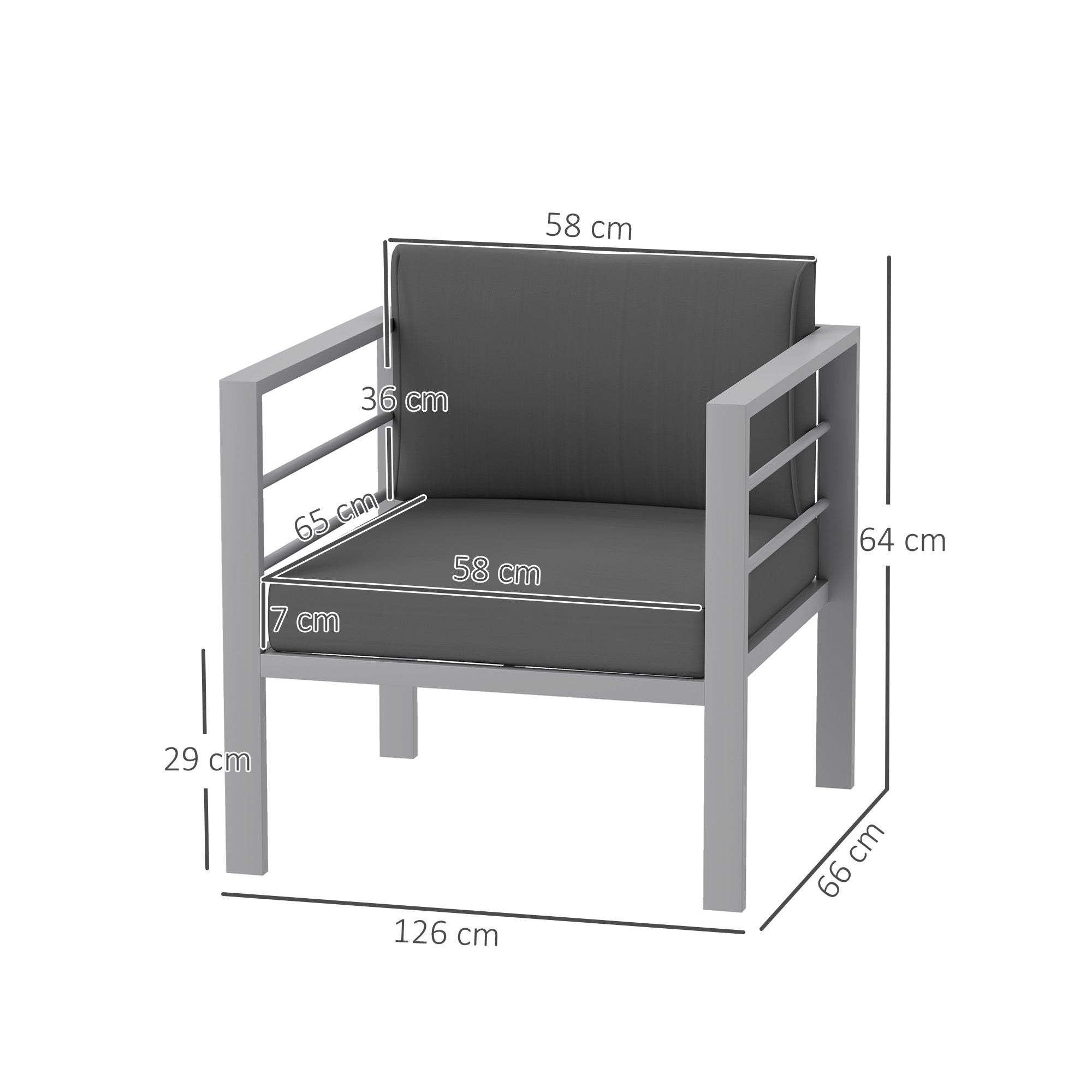 Outsunny Garden Sofa, All-Weather Garden Single Sofa with Removable Cushions, Metal Frame Outdoor Furniture for Balcony, Charcoal Grey - North Peak Garden Furniture