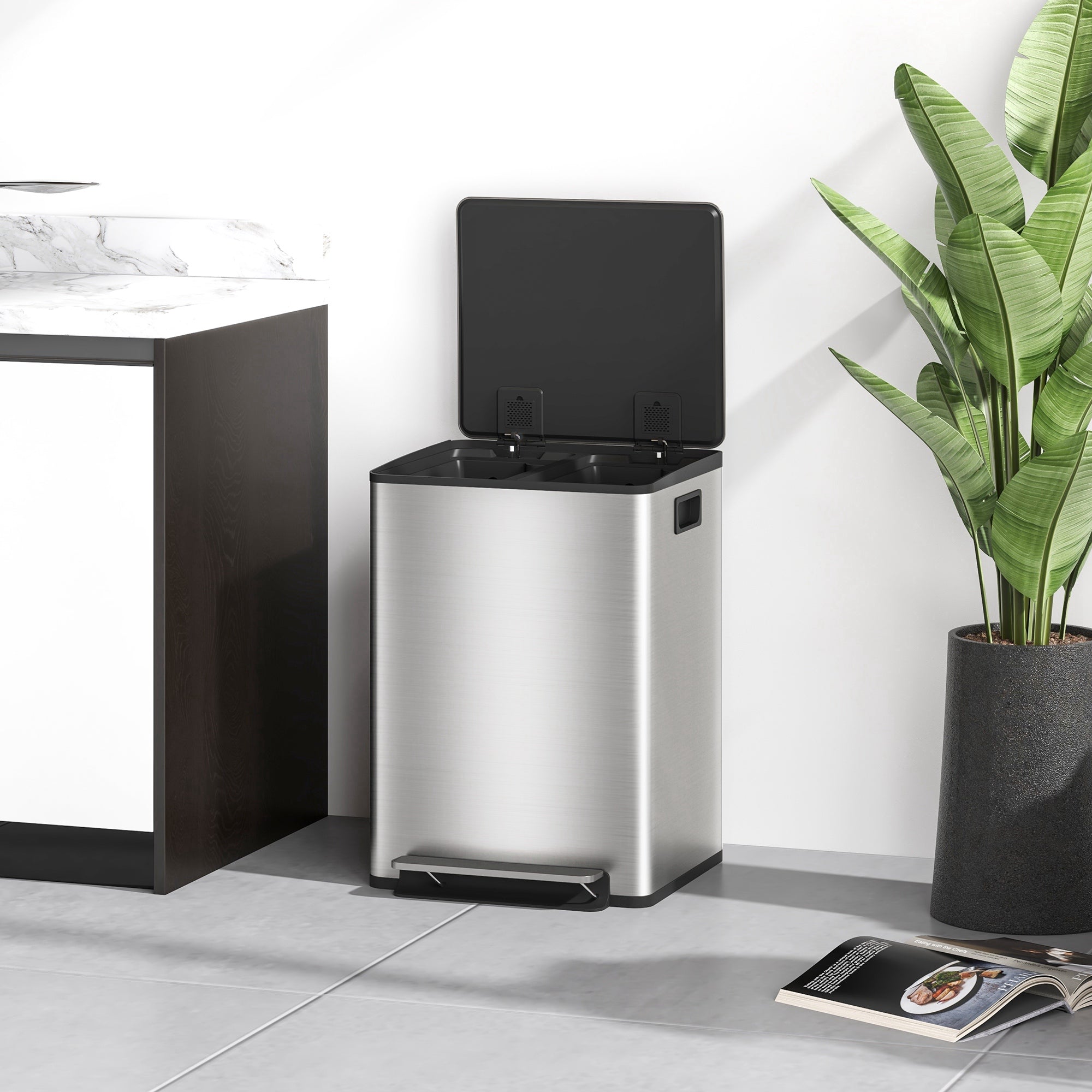 HOMCOM 40L Dual Compartment Stainless Steel Bin, with Deodoriser Holders - Silver Tone