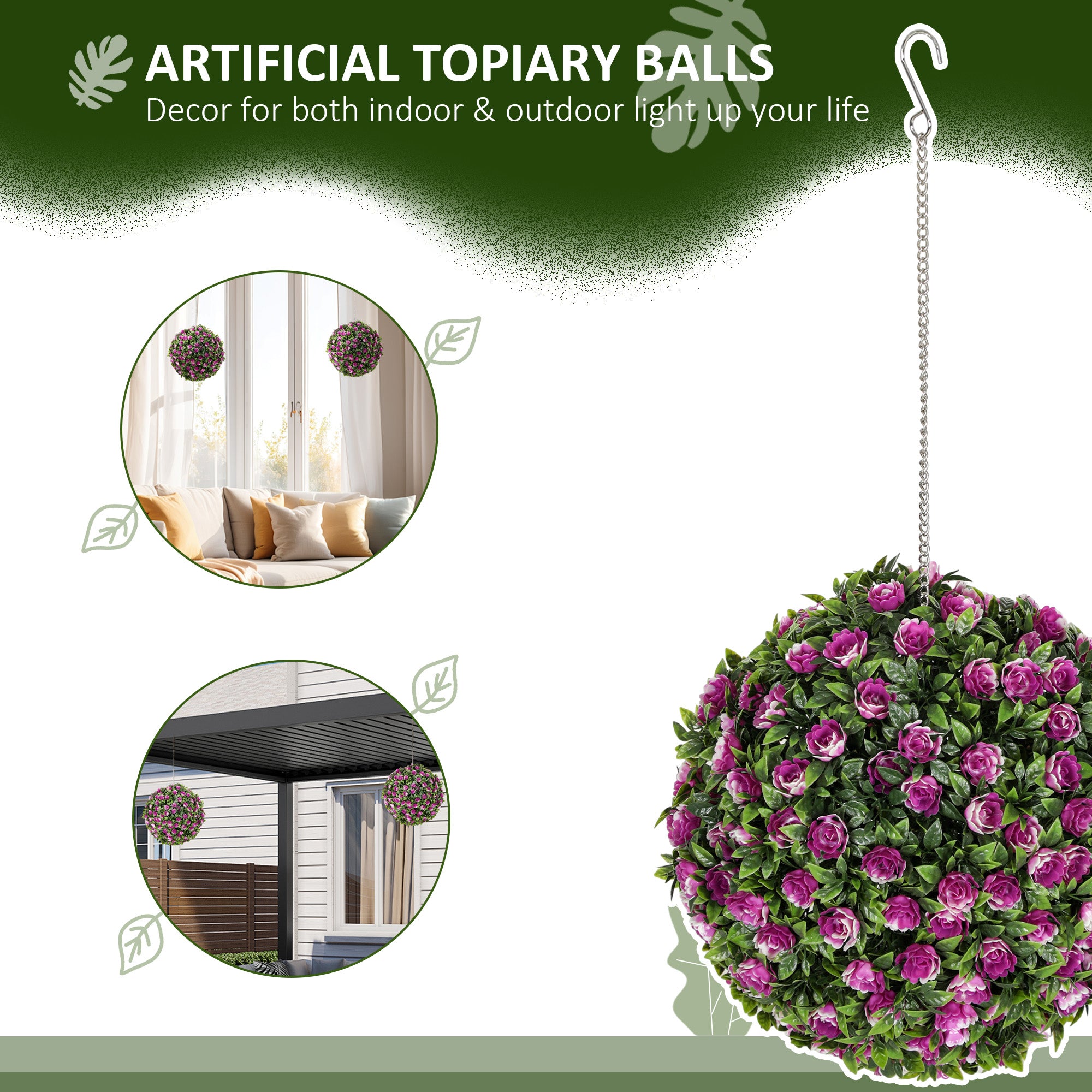 HOMCOM Set of 2 Decorative Artificial Plants, UV-protected Artificial Plant Topiary Rose Balls, Fake Plants for Home Indoor outdoor Decor, 28cm, Purple - North Peak Garden Furniture