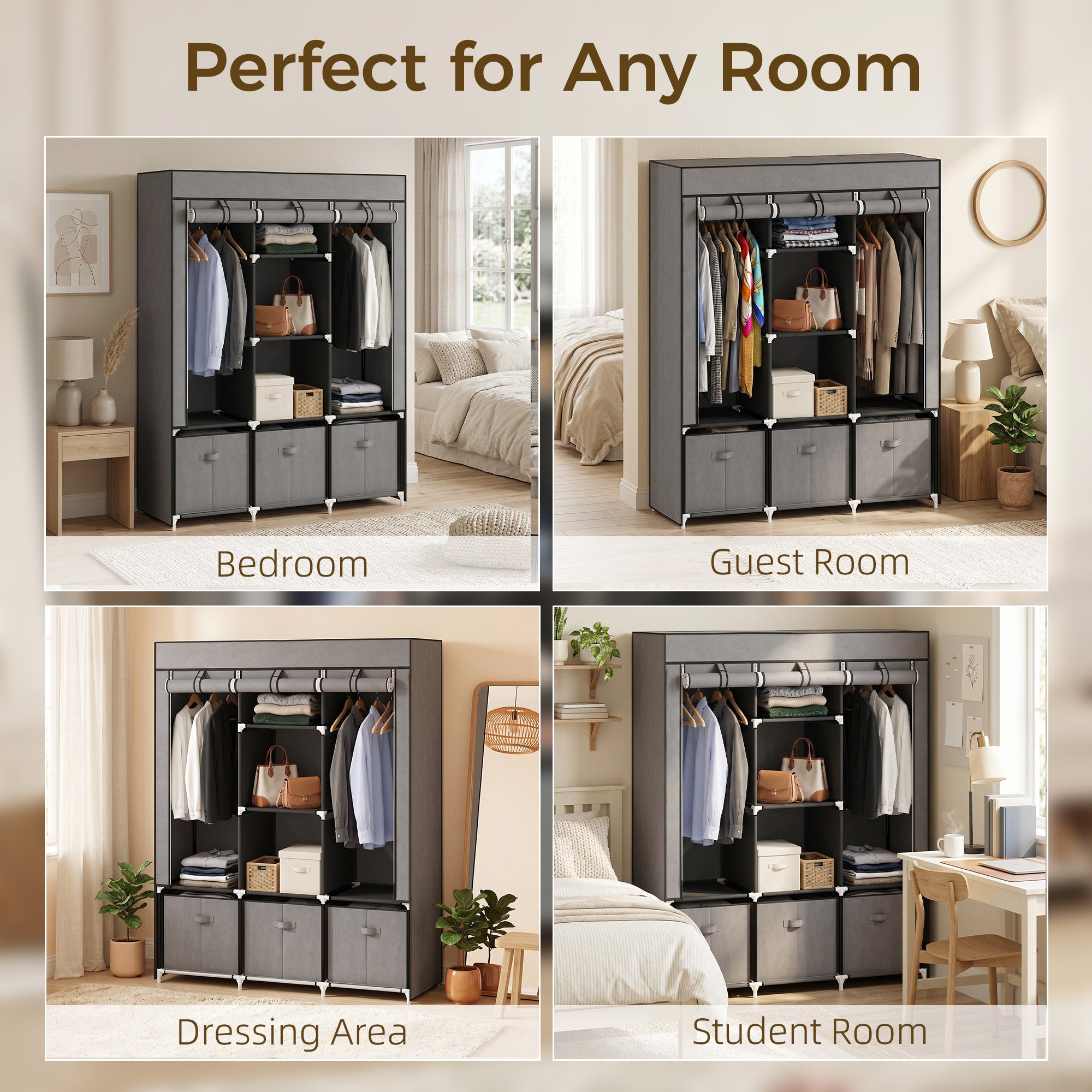 HOMCOM Fabric Wardrobe for Bedroom, Portable Wardrobe with 5 Shelves, 2 Hanging Rails and 3 Fabric Drawers, Foldable Closet, 125 x 43 x 162.5cm, Dark Grey