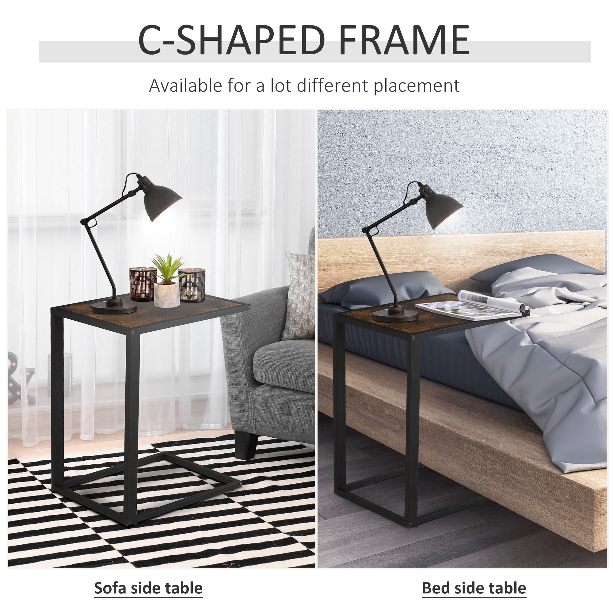 HOMCOM C-Shaped Side Table, Sofa End Table with Metal Frame, Accent Couch Table for Living room, Bedroom, Brown and Black - North Peak Garden Furniture