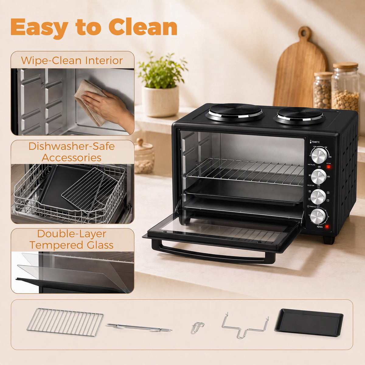 HOMCOM 36L Mini Oven with Dual Hot Plates, Electric Countertop Cooker with Convection, 90–230°C Adjustable Temperature