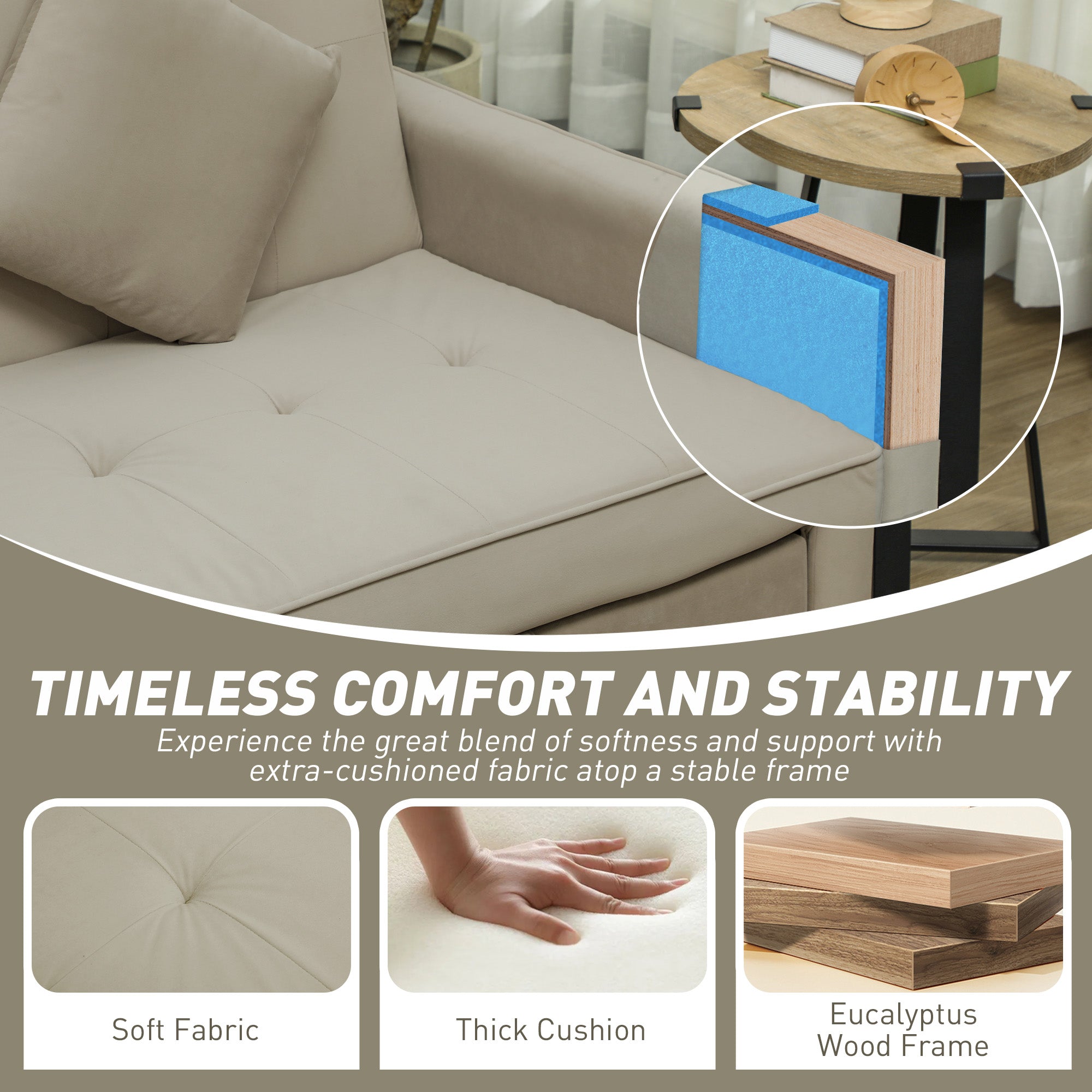 HOMCOM Three-Person Velvet-Feel Sofa Bed - Beige - North Peak Garden Furniture