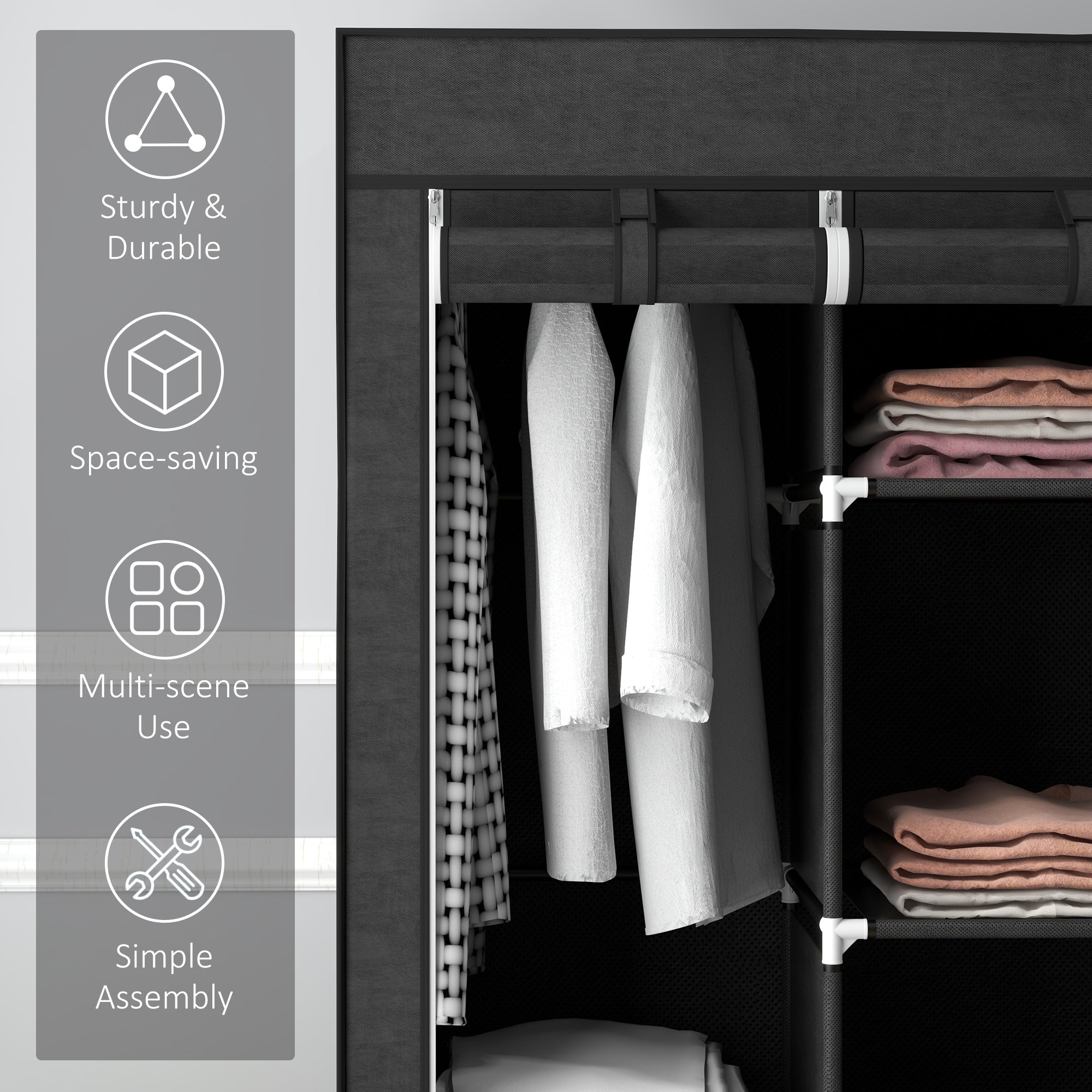 HOMCOM Fabric Wardrobe, Portable Wardrobe, Clothes Storage Unit with 8 Shelves, 2 Hanging Rods, 125 x 43 x 162.5 cm, Black - North Peak Garden Furniture